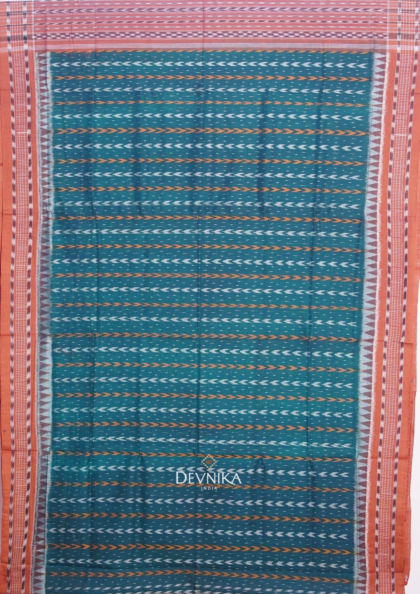Teal Green Khajuri Pati Bandha Handloom Cotton Saree | Odisha Handloom | Devnika