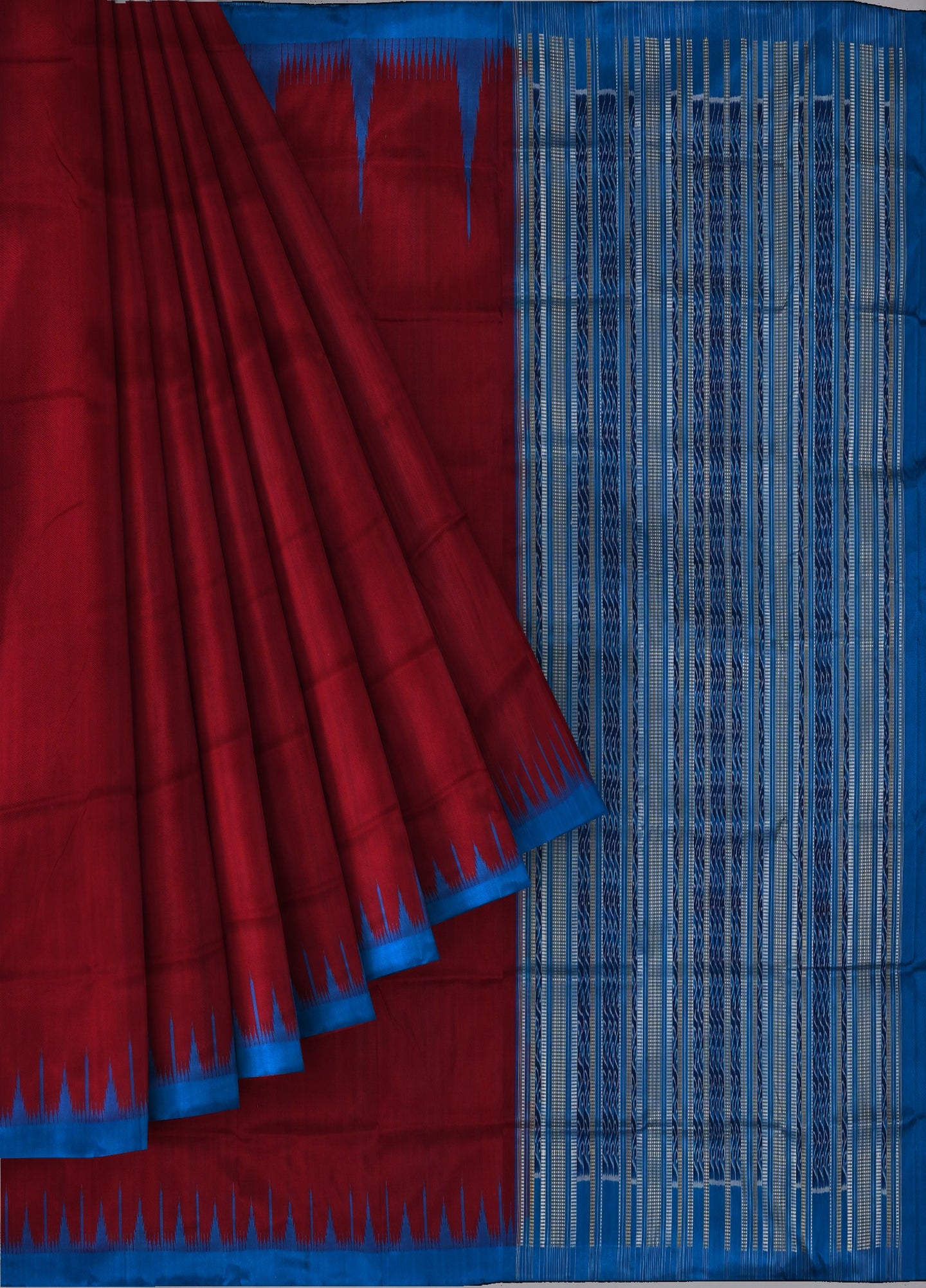 Deep Maroon Big Temple Border Sambalpuri  Saree | Odisha Handloom GI Tagged | Devnika