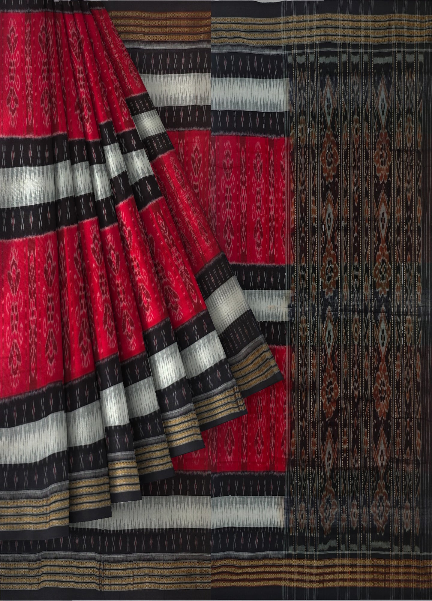 Red And White Mania Bandha Traditional Katiki Saree | Odisha Handloom GI Tagged | Devnika