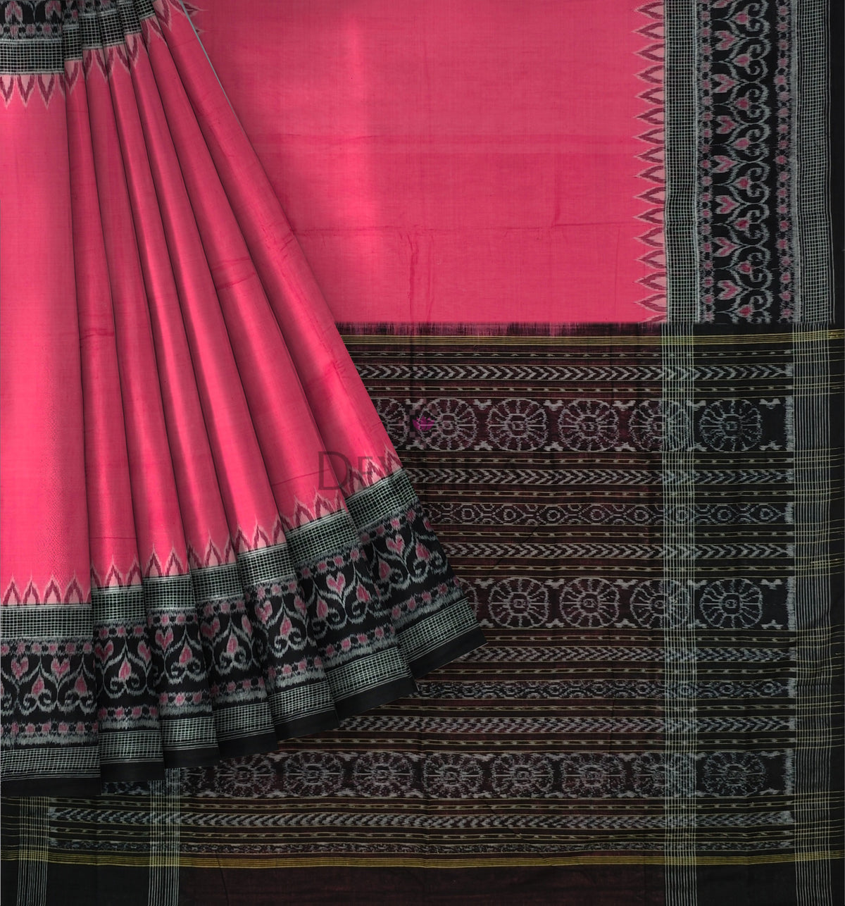 Pink Temple Border Bandha Saree | Odisha Handloom GI Tagged | Devnika