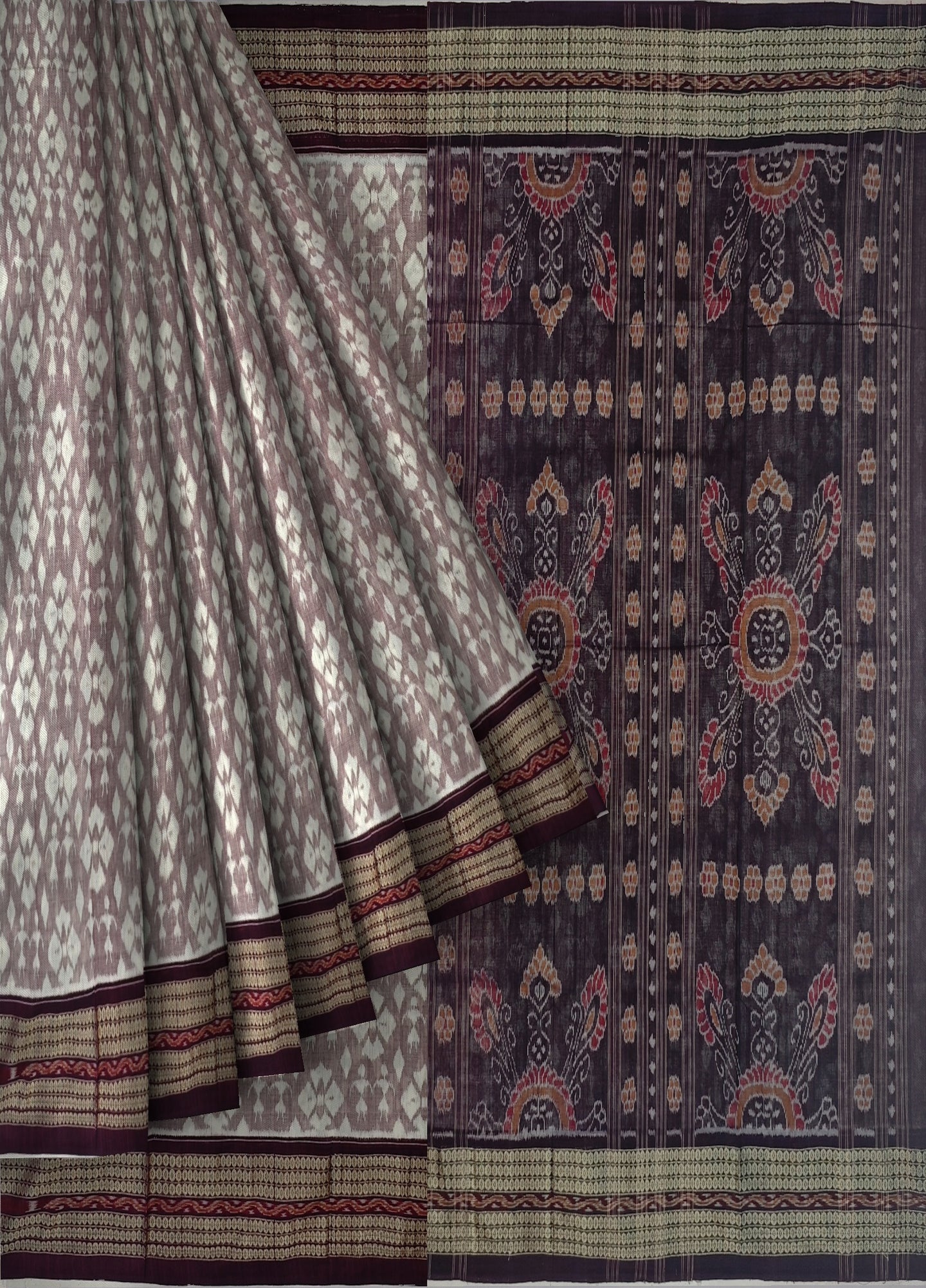 White & Coffee Traditional Body Bandha Saree | Odisha Handloom GI Tagged | Devnika