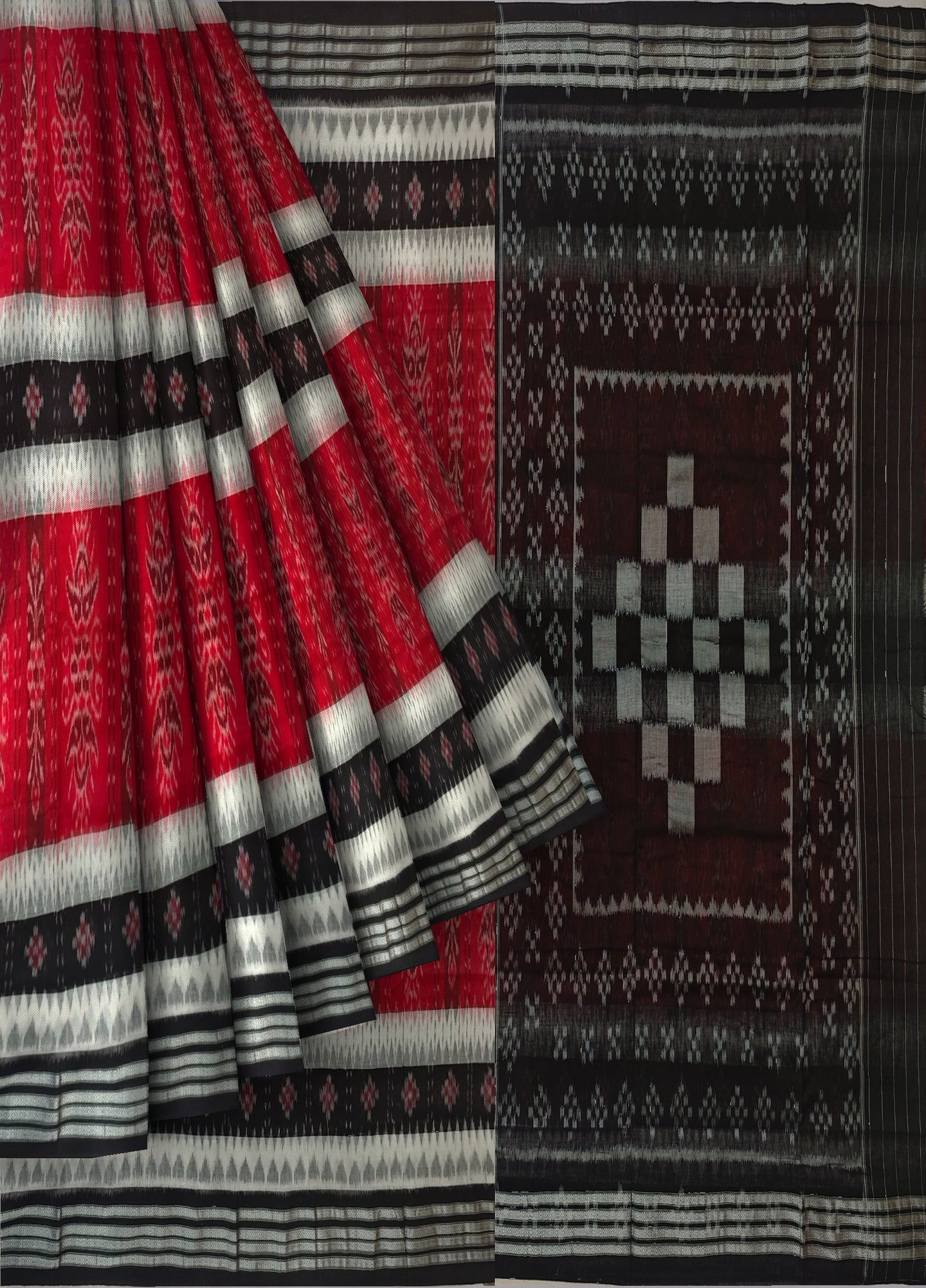 Red And White Mania Bandha Traditional Katiki Saree | Odisha Handloom GI Tagged | Devnika