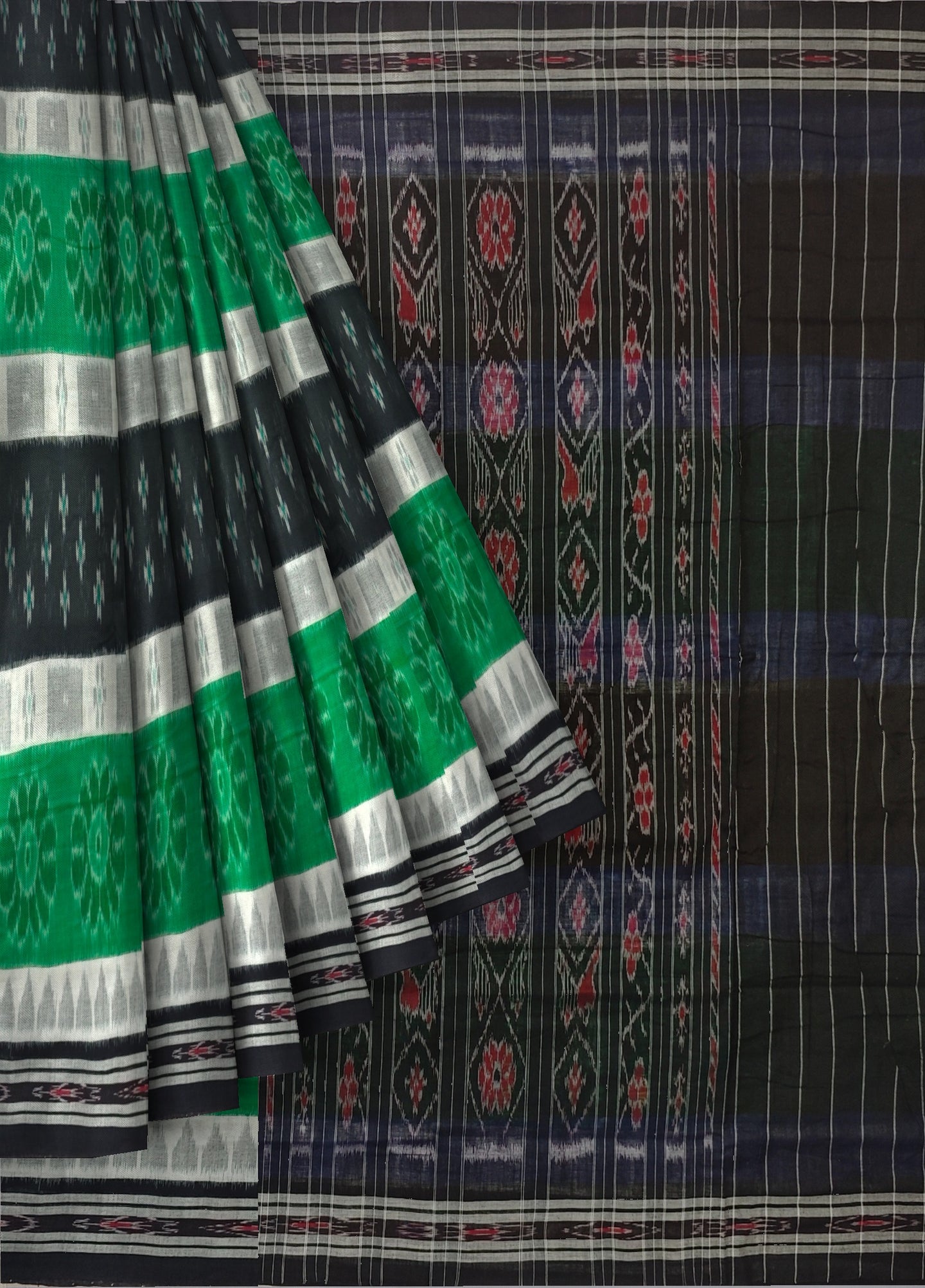 Black Green And White Mania Bandha Traditional Katiki Saree | Odisha Handloom GI Tagged | Devnika
