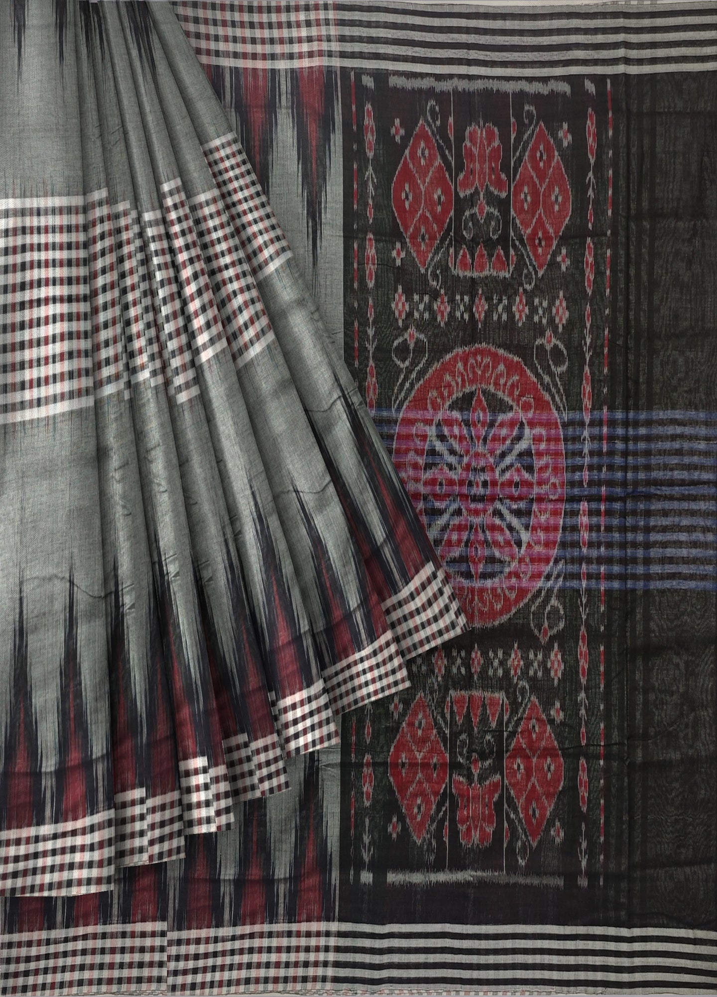 Grey Black Maroon Mania Bandha Traditional Katiki Saree | Odisha Handloom GI Tagged | Devnika