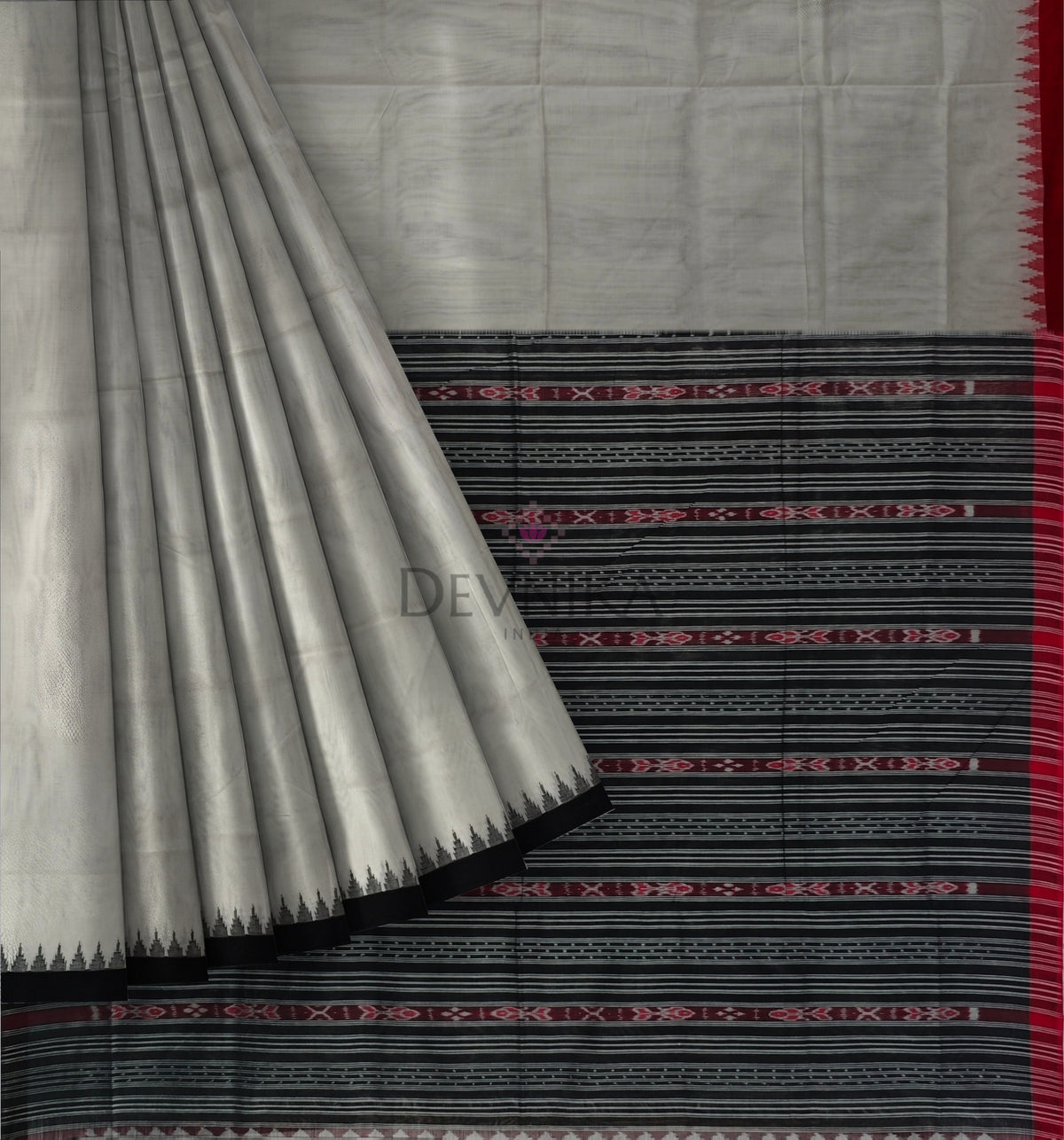 White Ganga Jamuna Saree | Odisha Handloom GI Tagged | Devnika