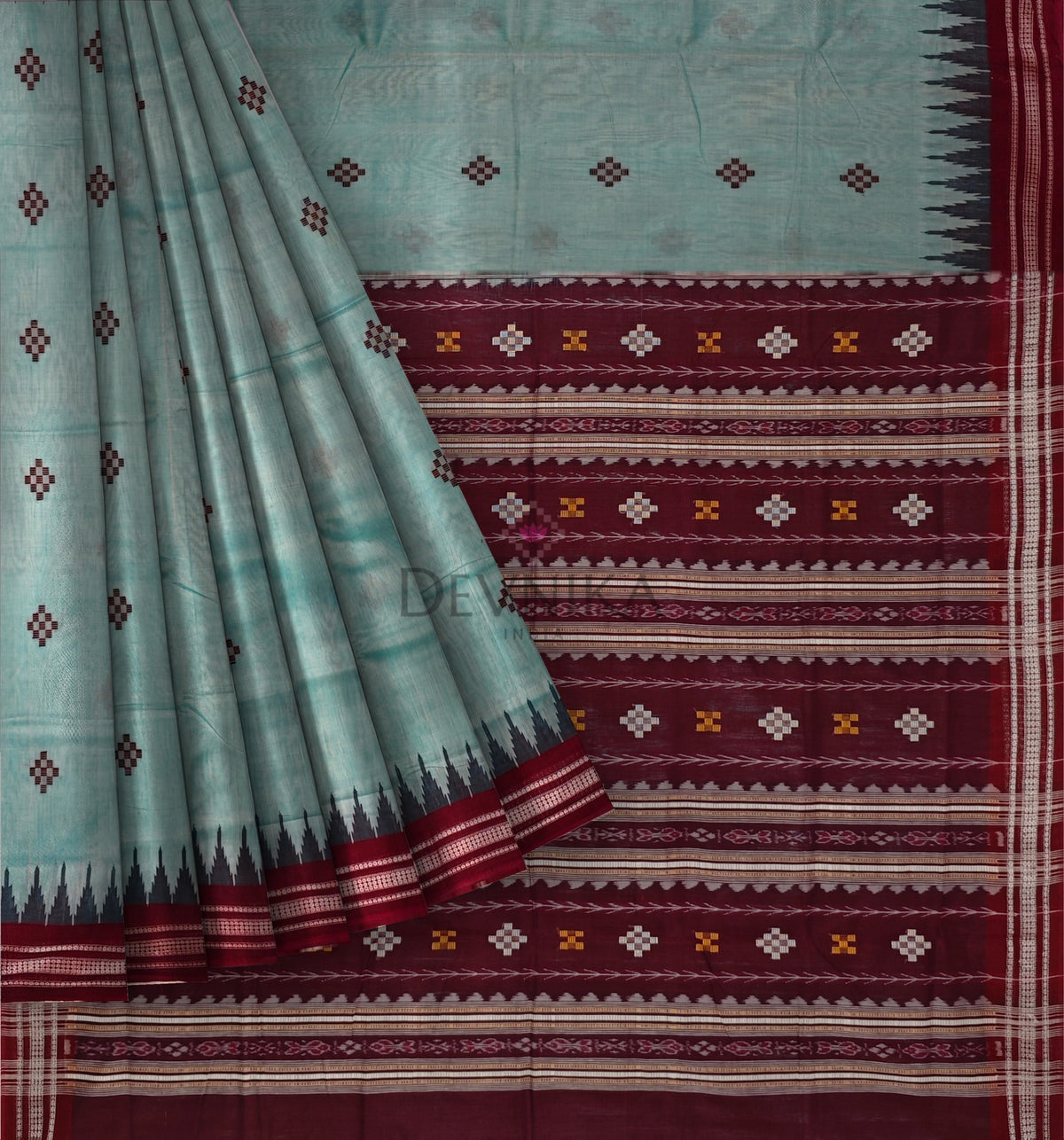Light Green Temple Boarder Cotton Bapta Saree | Odisha Handloom GI Tagged | Devnika