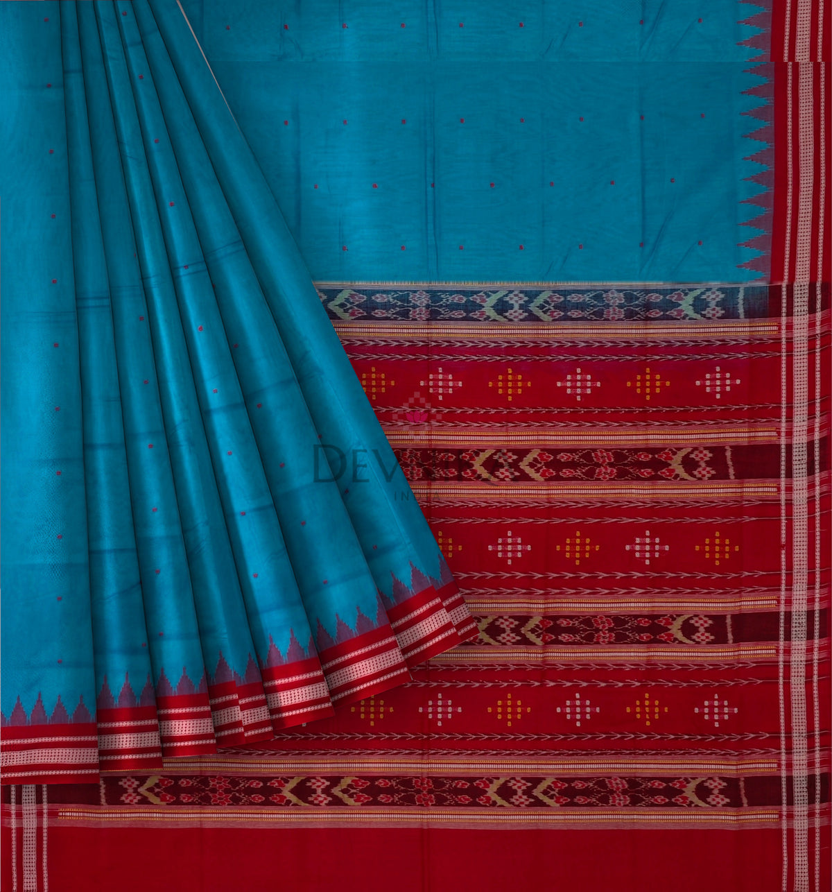 Royal Blue Temple Boarder Cotton Bapta Saree | Odisha Handloom GI Tagged | Devnika