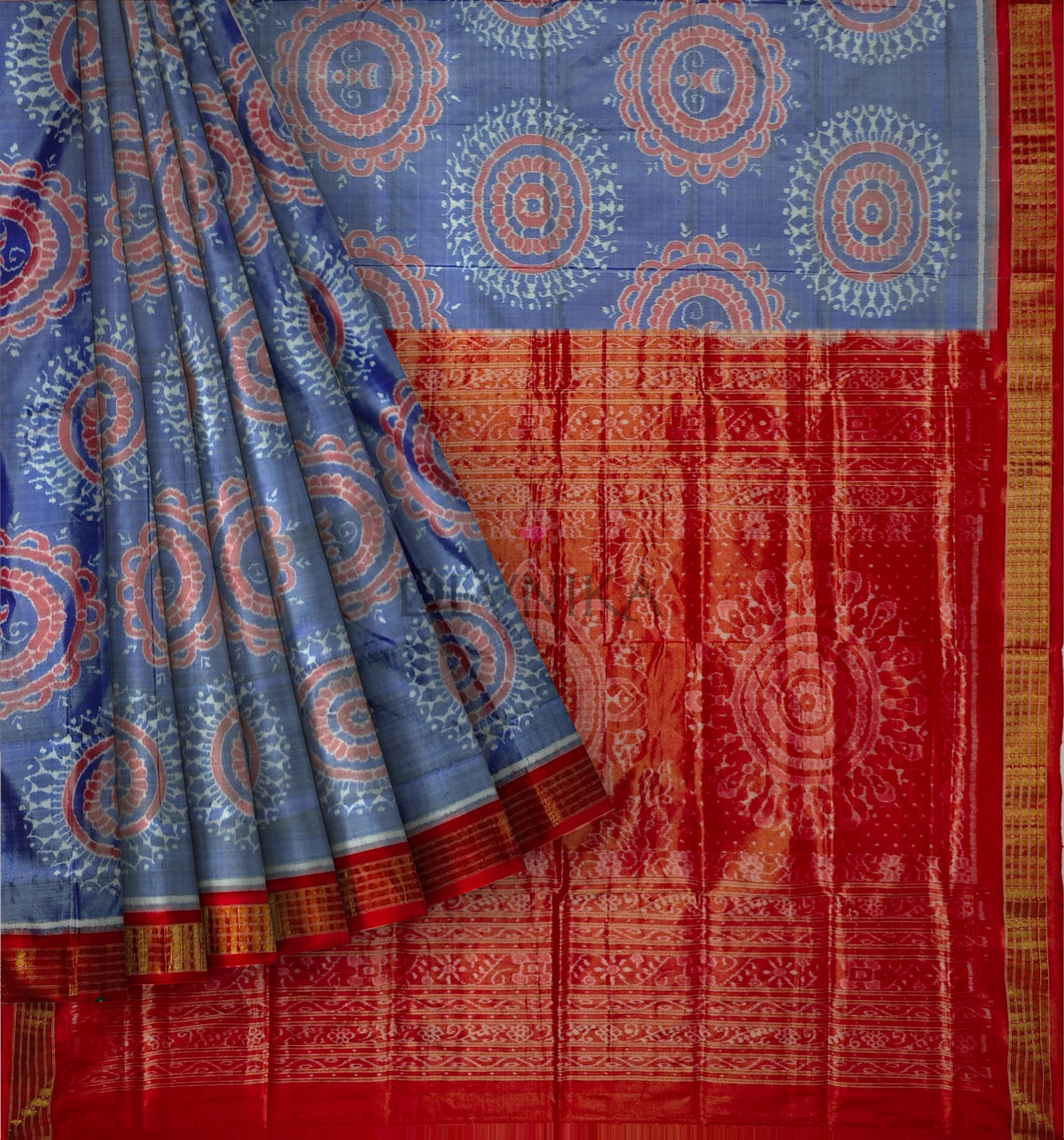 Periwinkle Blue Body Bandha Half Tissue Pata Saree | Odisha Handloom GI Tagged | Devnika