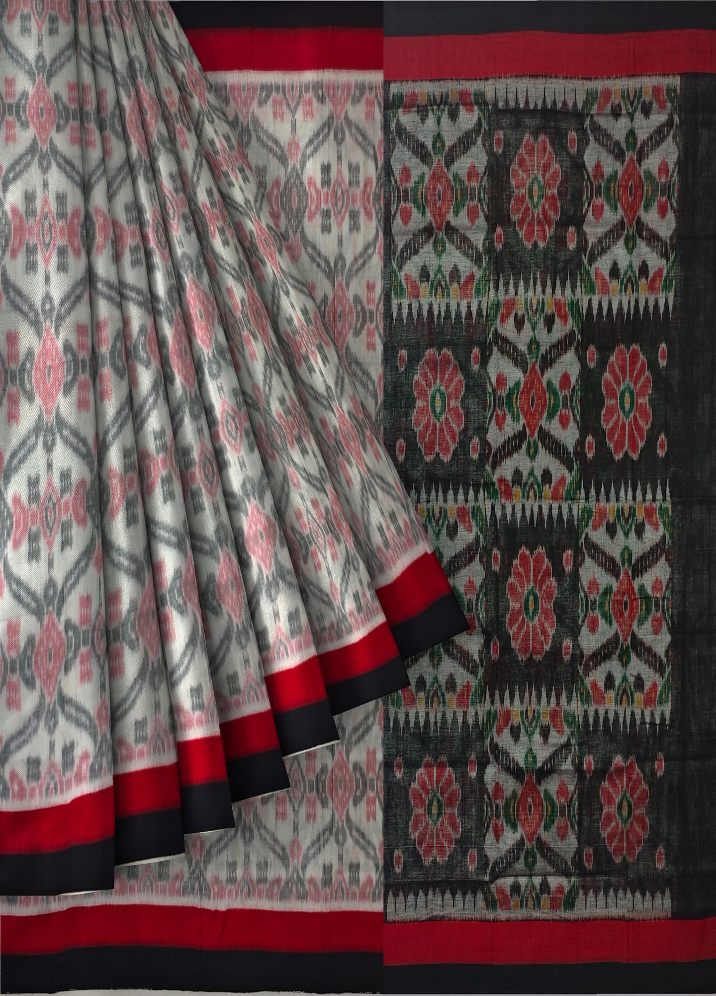 White And Red Mania Bandha Traditional Katiki Saree | Odisha Handloom GI Tagged | Devnika