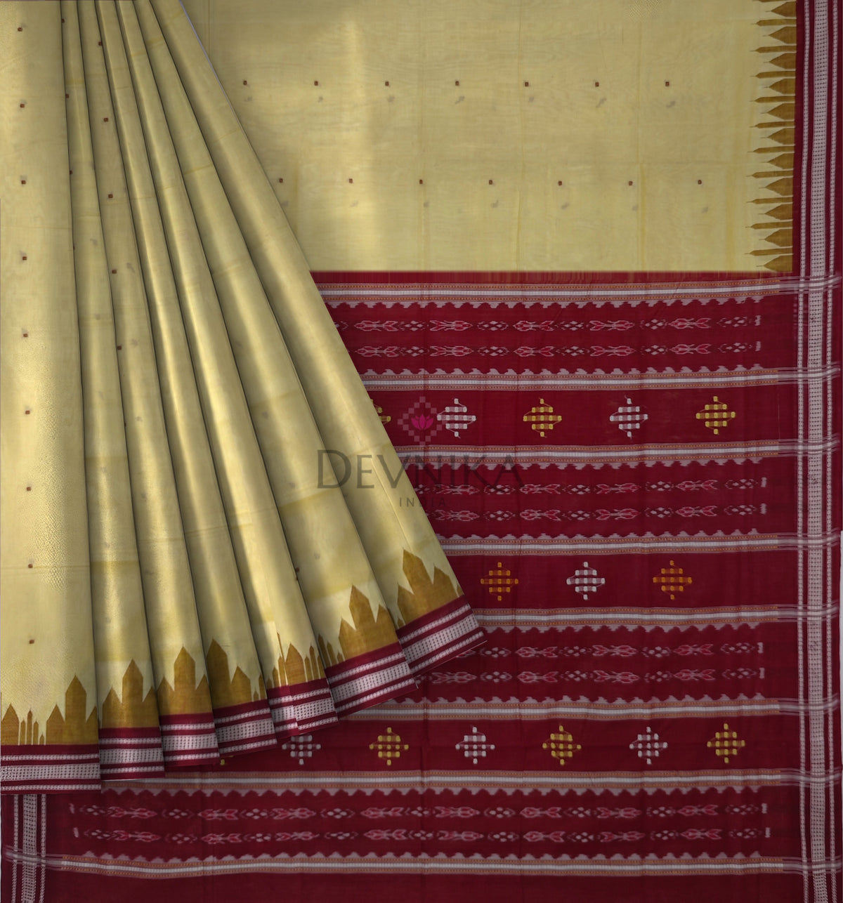 Cream Yellow Temple Boarder Cotton Bapta Saree | Odisha Handloom GI Tagged | Devnika