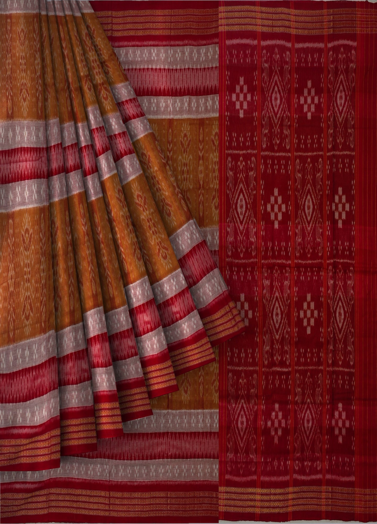Brown White Mania Bandha Traditional Katiki Saree | Odisha Handloom GI Tagged | Devnika
