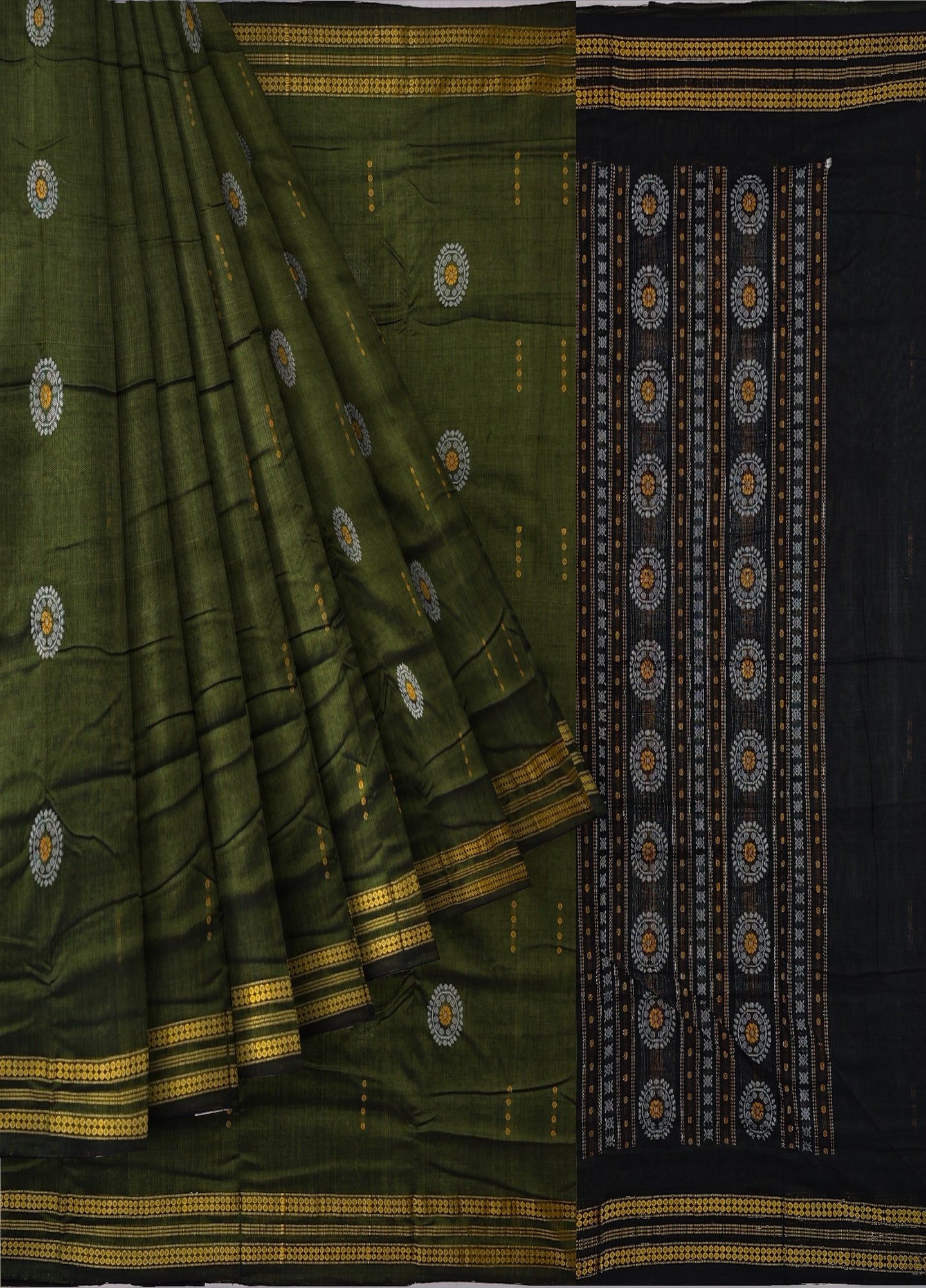 Olive Green Bomkai Butti Sambalapuri Saree | Odisha Handloom GI Tagged | Devnika