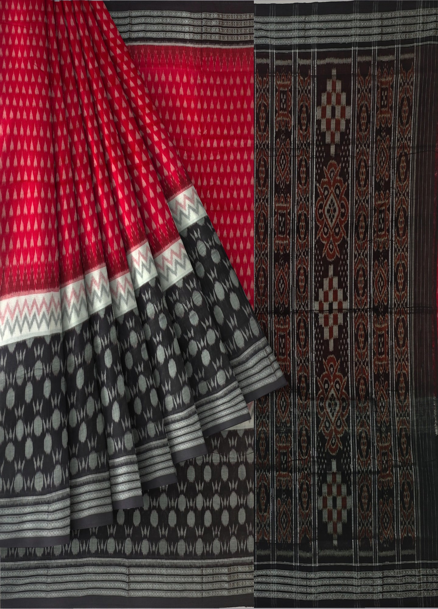 Red And White Mania Bandha Traditional Katiki Saree | Odisha Handloom GI Tagged | Devnika