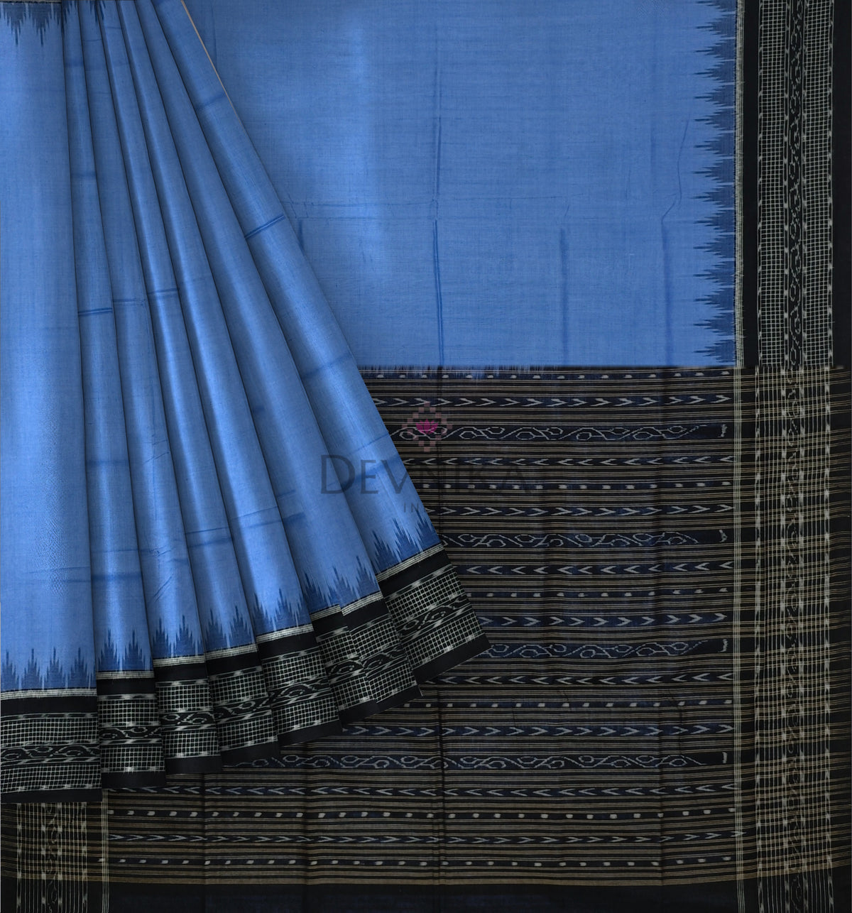 Blue Temple Border Bandha Saree | Odisha Handloom GI Tagged | Devnika