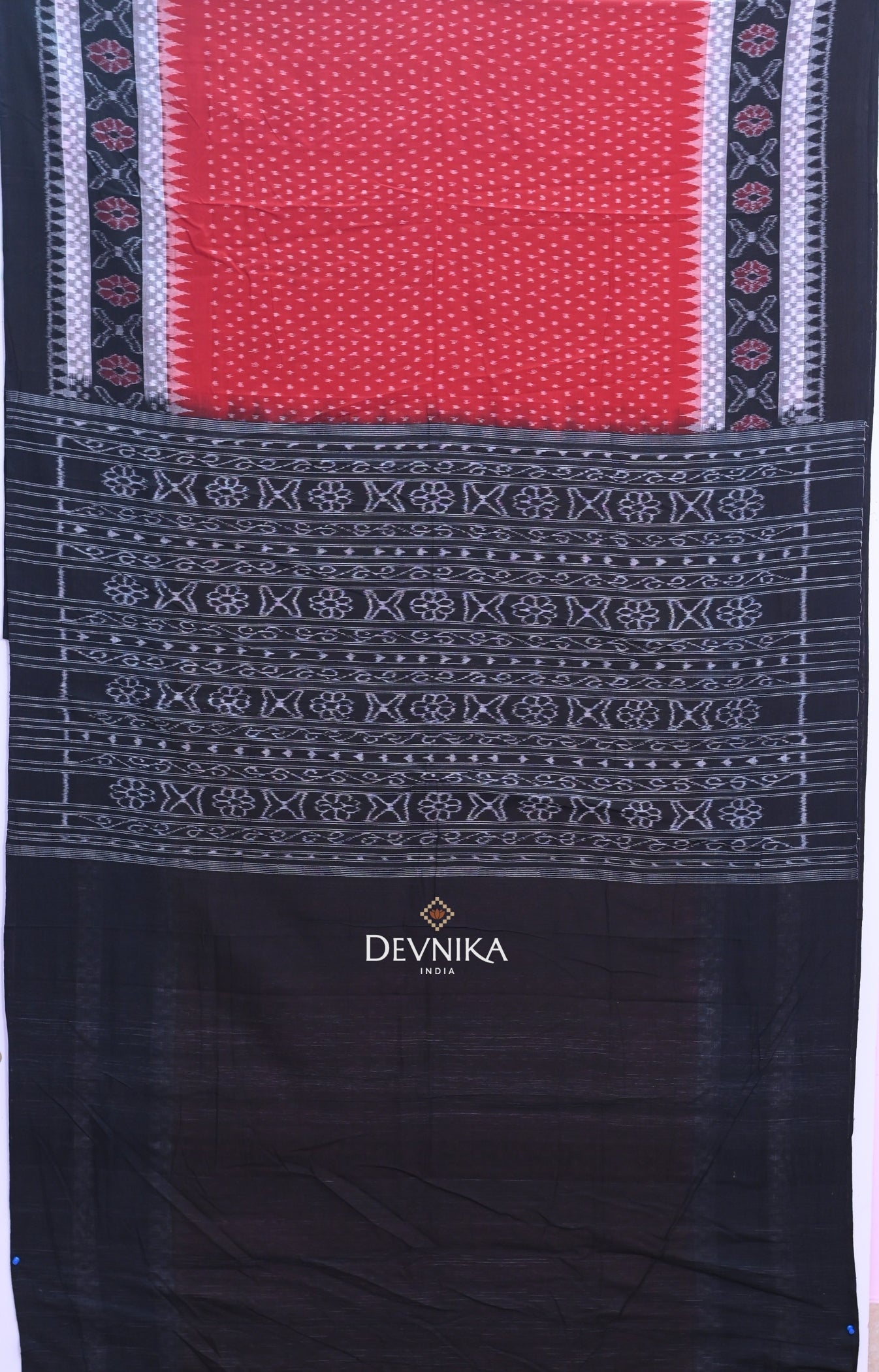 Red Double Border Bandha Handloom Cotton Saree | Odisha Handloom | Devnika