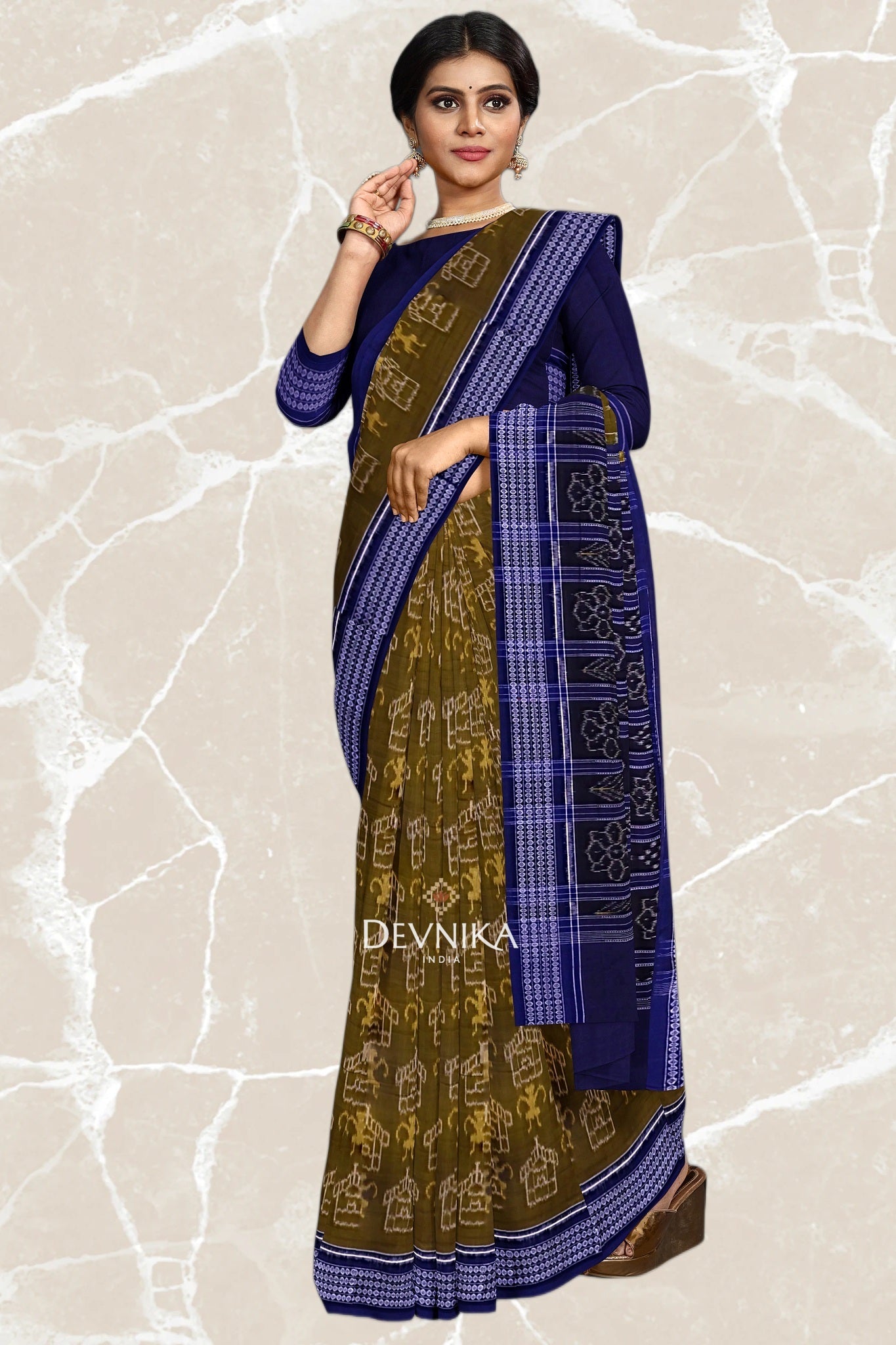 Olive Teracota Bandha Handloom Cotton Saree | Odisha Handloom | Devnika