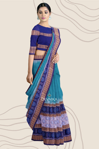 Sea Green Big Border Bandha Handloom Cotton Saree | Odisha Handloom | Devnika