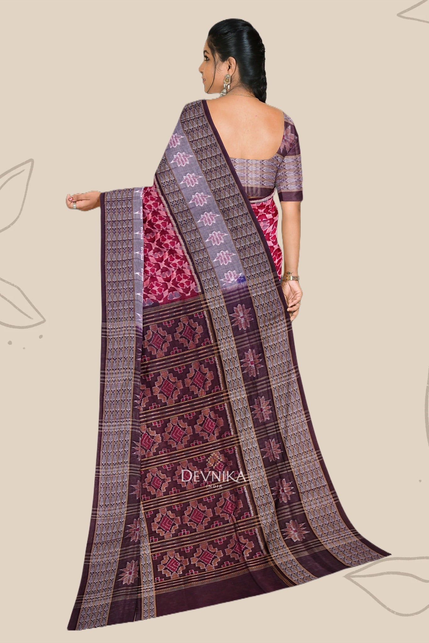 Red, Green And Maroon Double Border Bandha Handloom Cotton Saree | Odisha Handloom | Devnika