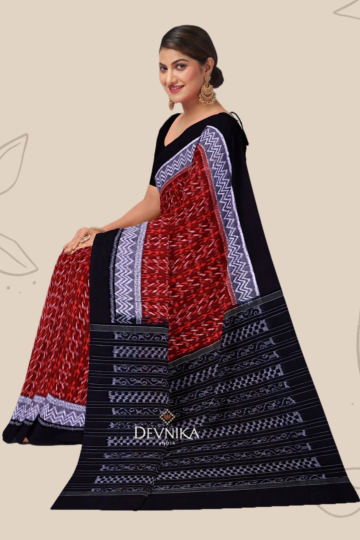 Brown Double Border Bandha Handloom Cotton Saree | Odisha Handloom | Devnika