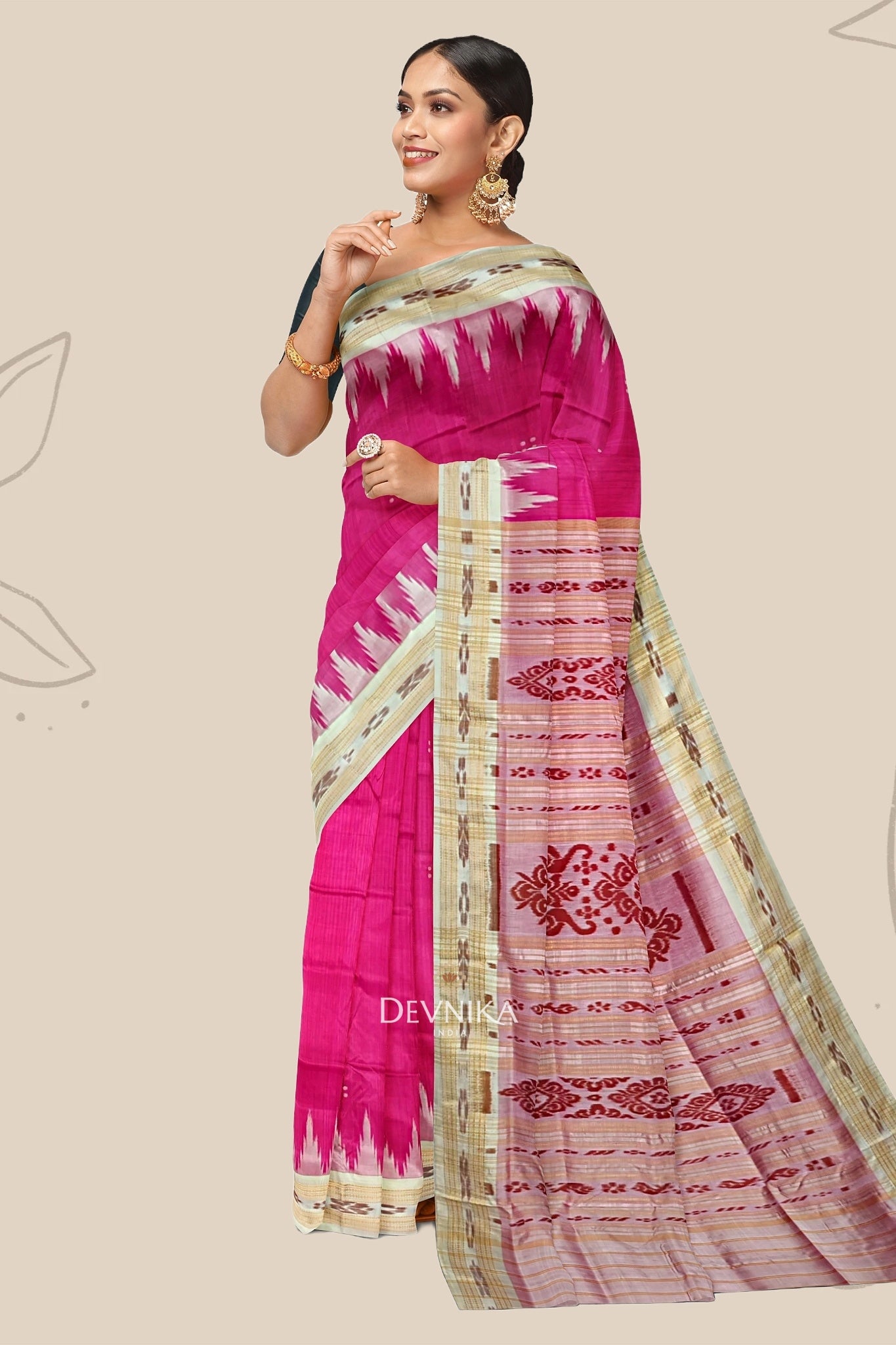 Hot Pink Big Temple Border Khandua Pata Saree