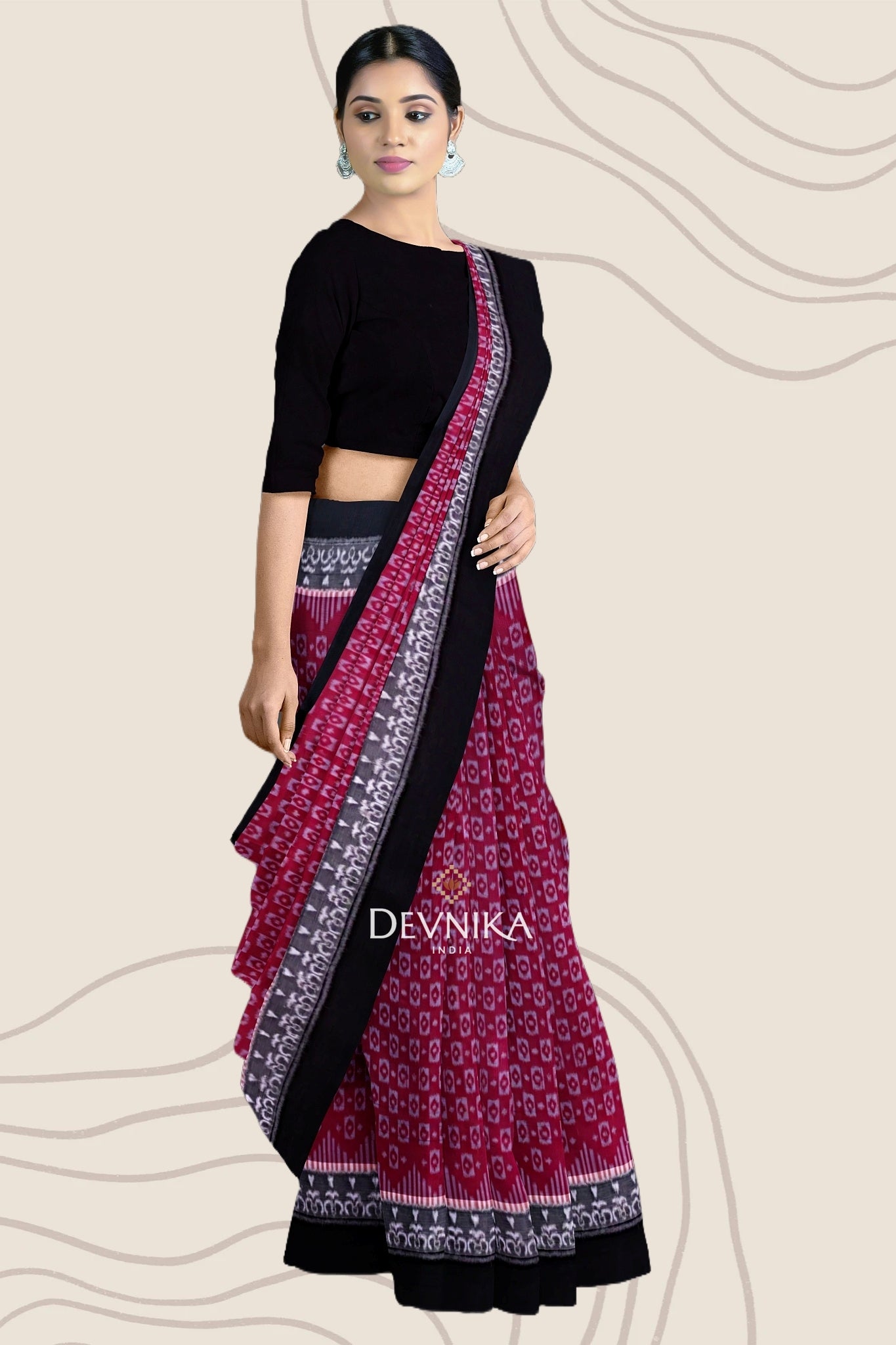 White And Burgundy Double Border Bandha Handloom Cotton Saree | Odisha Handloom | Devnika