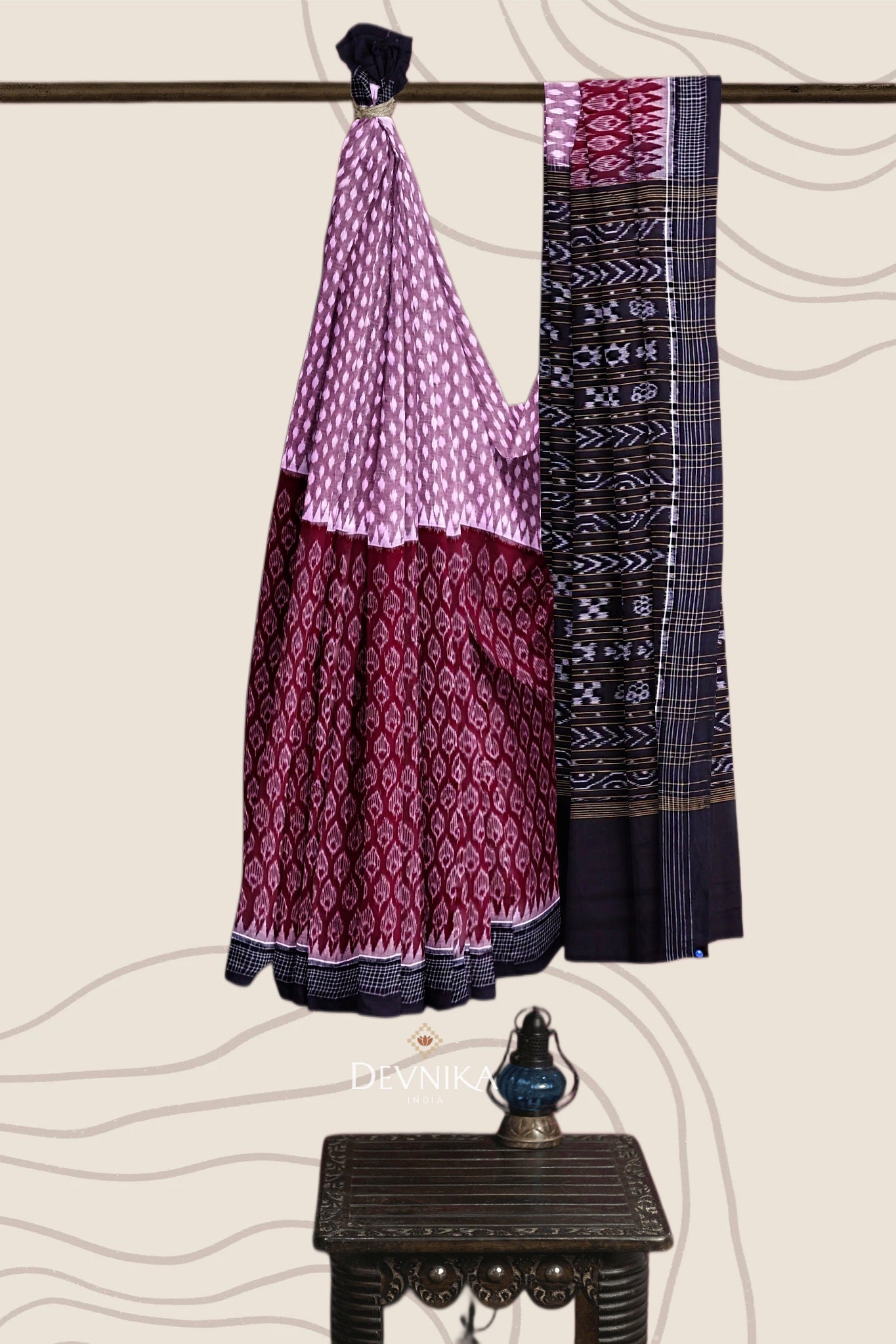 Maroon Light Plum Half Half Bandha Handloom Cotton Saree | Odisha Handloom | Devnika