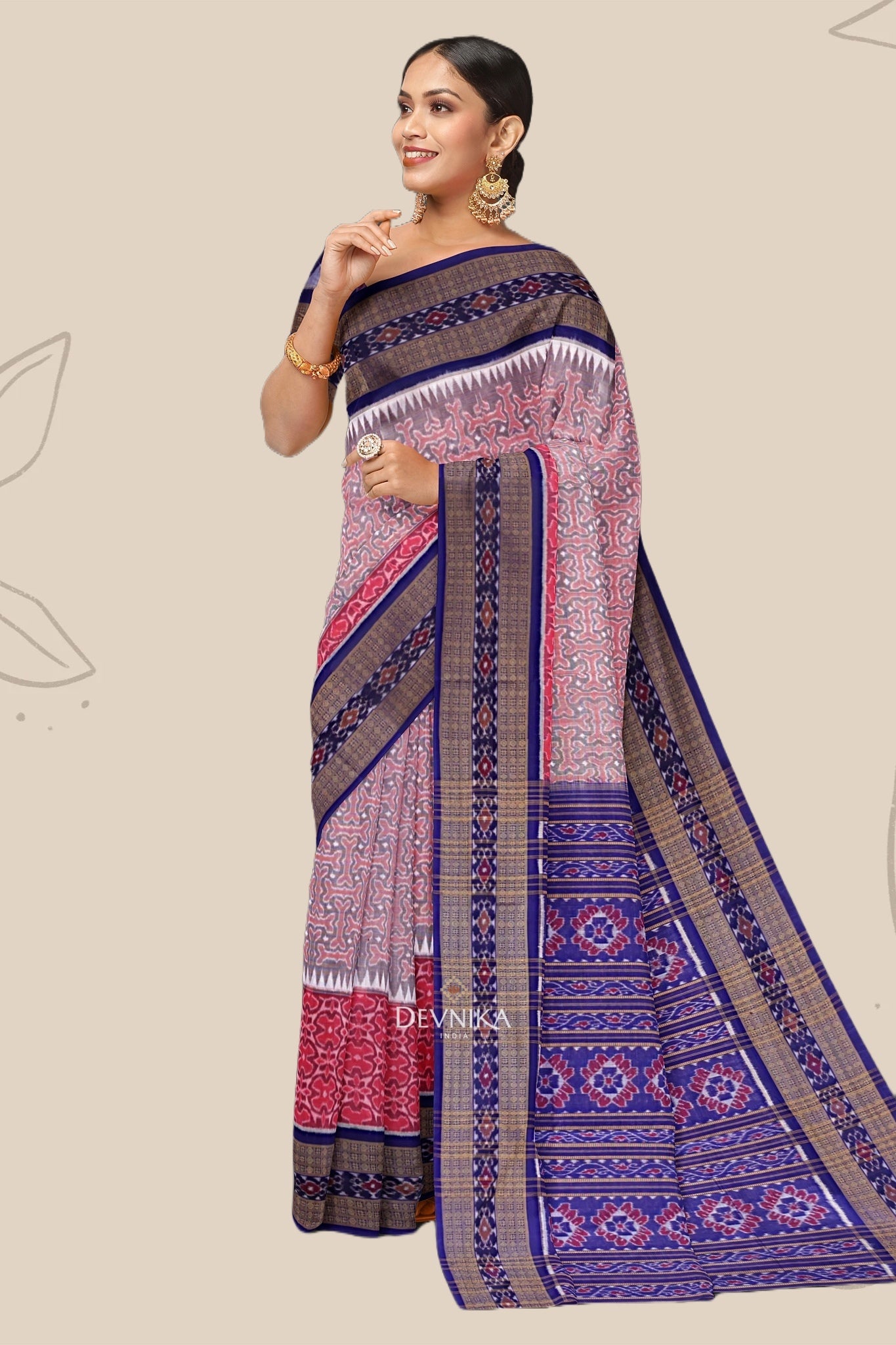 Sweet Pink Double Border Bandha Handloom Cotton Saree | Odisha Handloom | Devnika