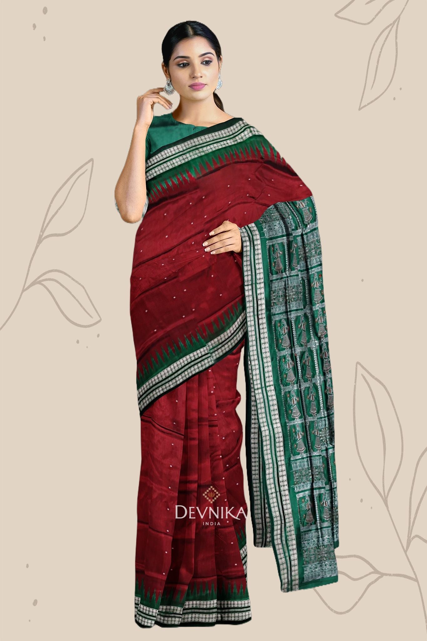 Dark Maroon With Forest Green Bomkai Butti Silk Saree | Odisha Handloom GI Tagged | Devnika