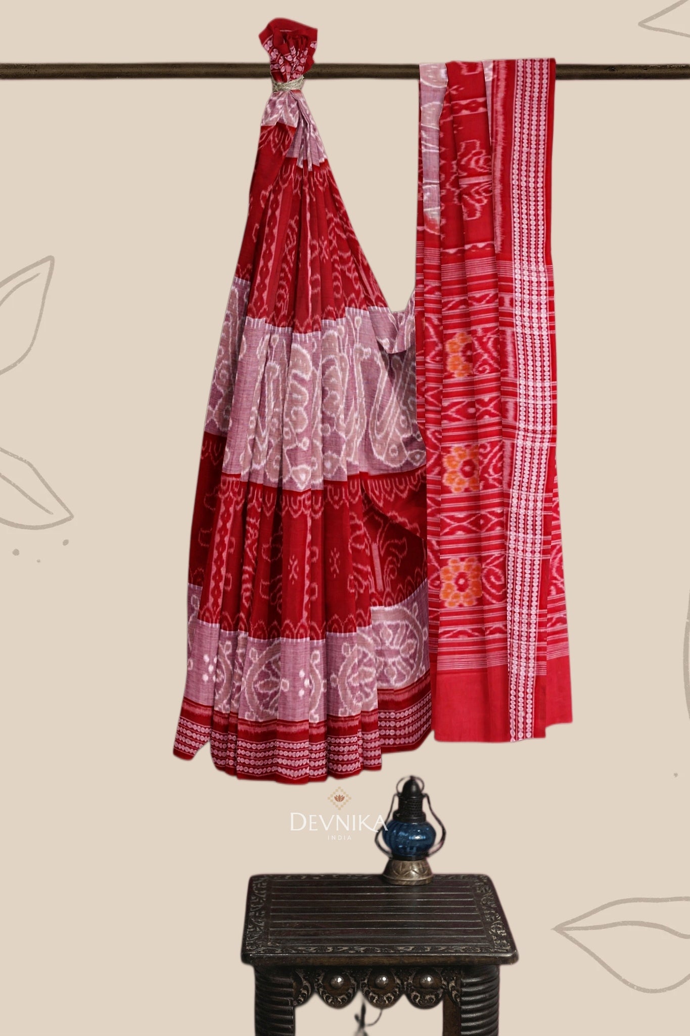 Red And Yellow Body Bandha Handloom Cotton Saree | Odisha Handloom | Devnika