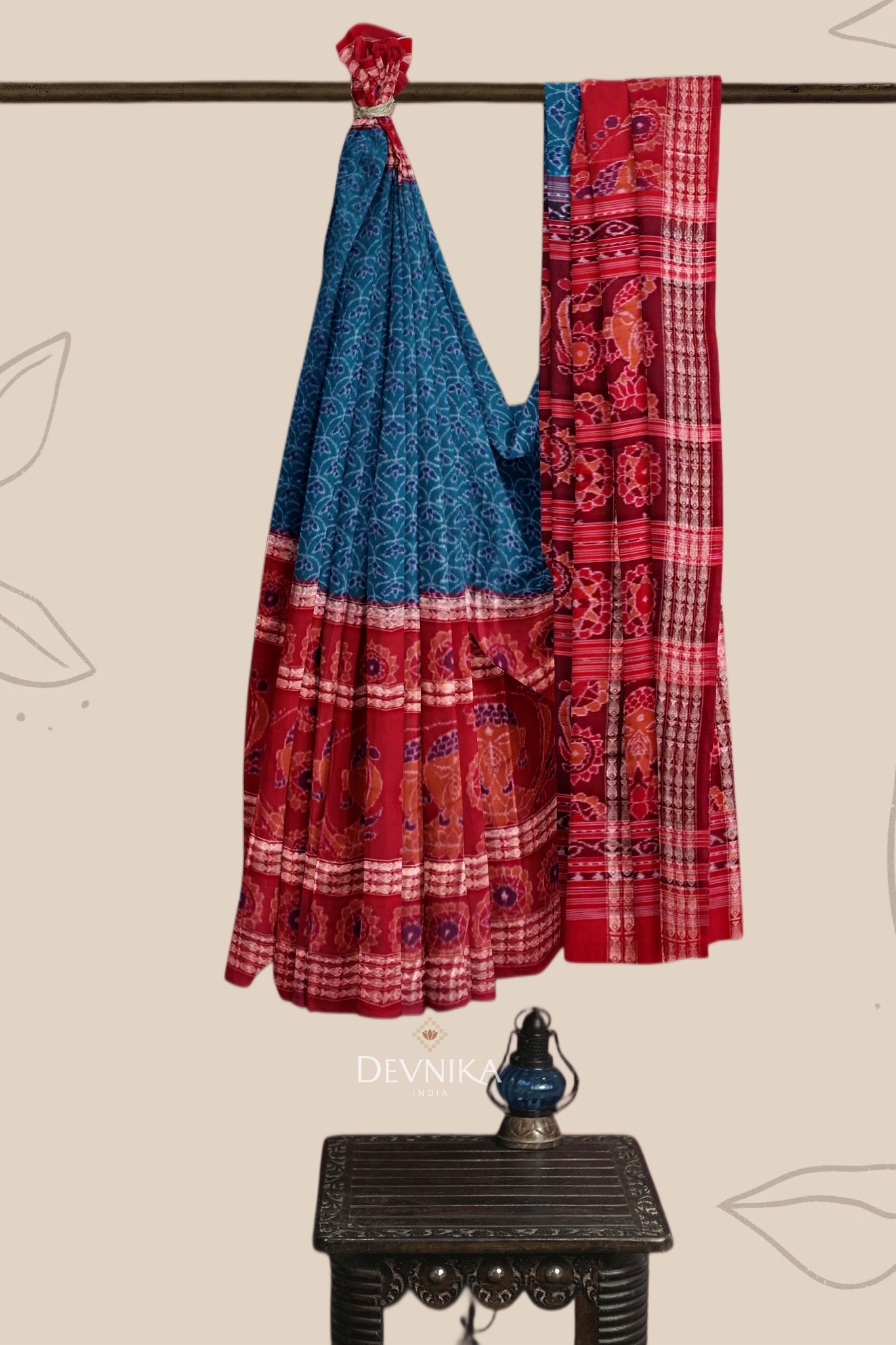Teal Green Namaskar Bandha Handloom Cotton Saree | Odisha Handloom | Devnika