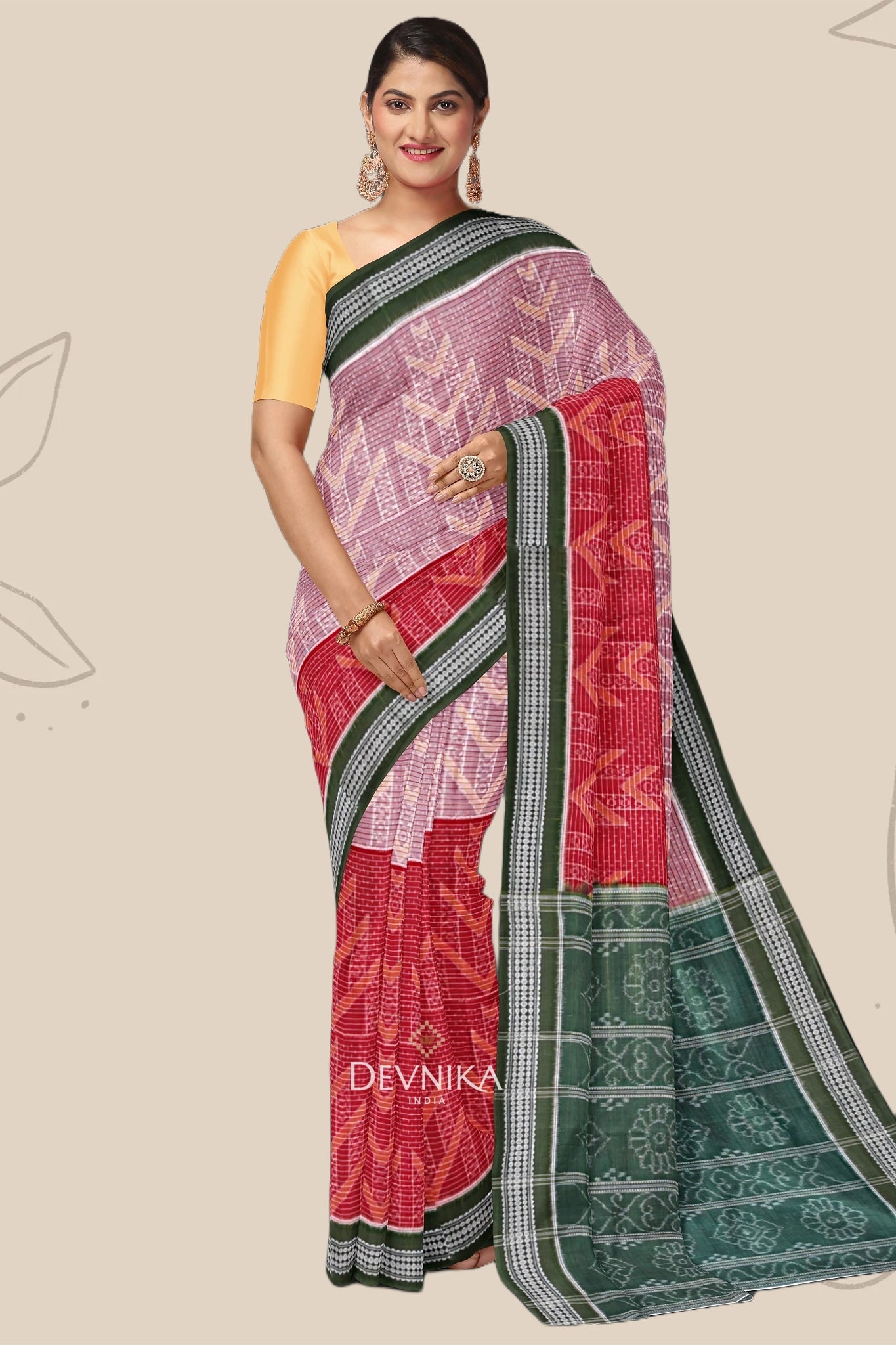 Red And White With Olive Green Body Bandha Handloom Cotton Saree | Odisha Handloom | Devnika