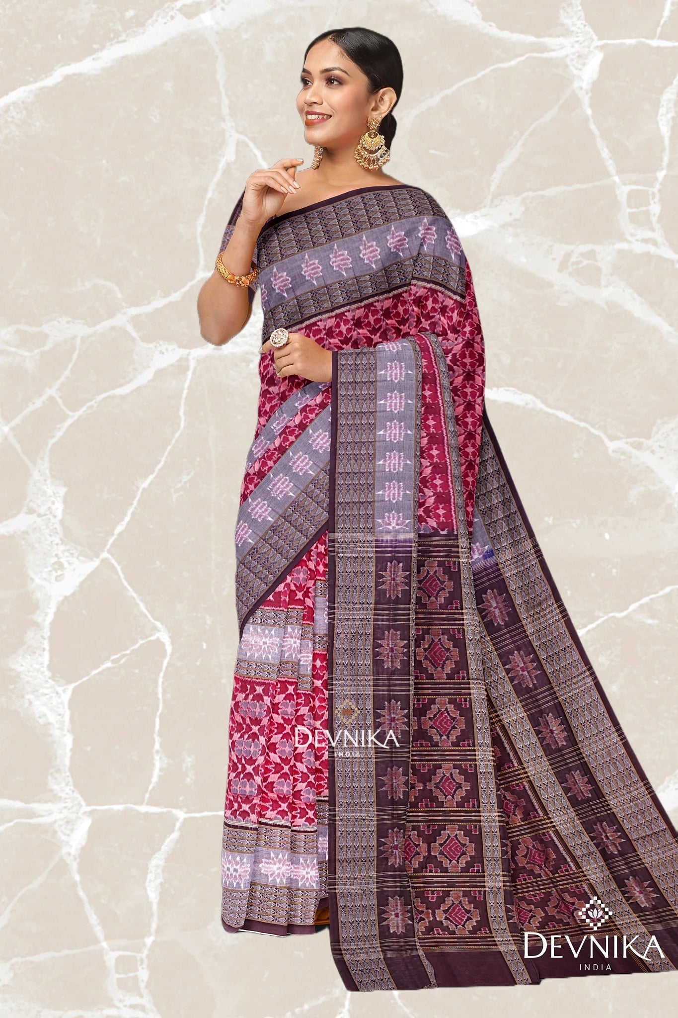 Red And Maroon Fish Bandha Handloom Cotton Saree | Odisha Handloom | Devnika