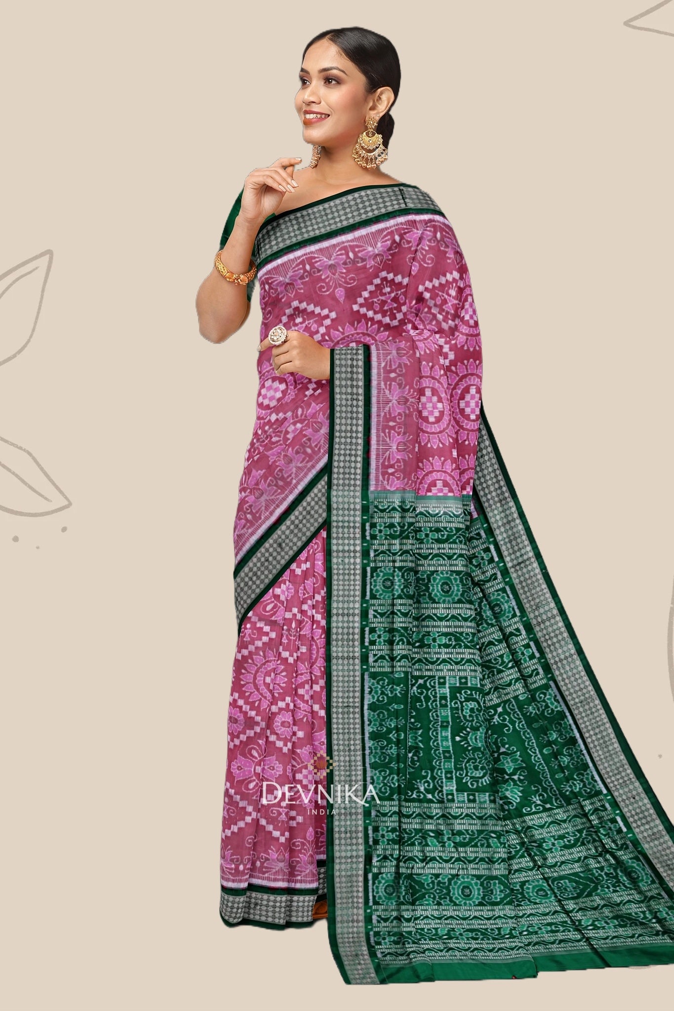 Sweet Pink Forest Green Bandha Pasapali Saree