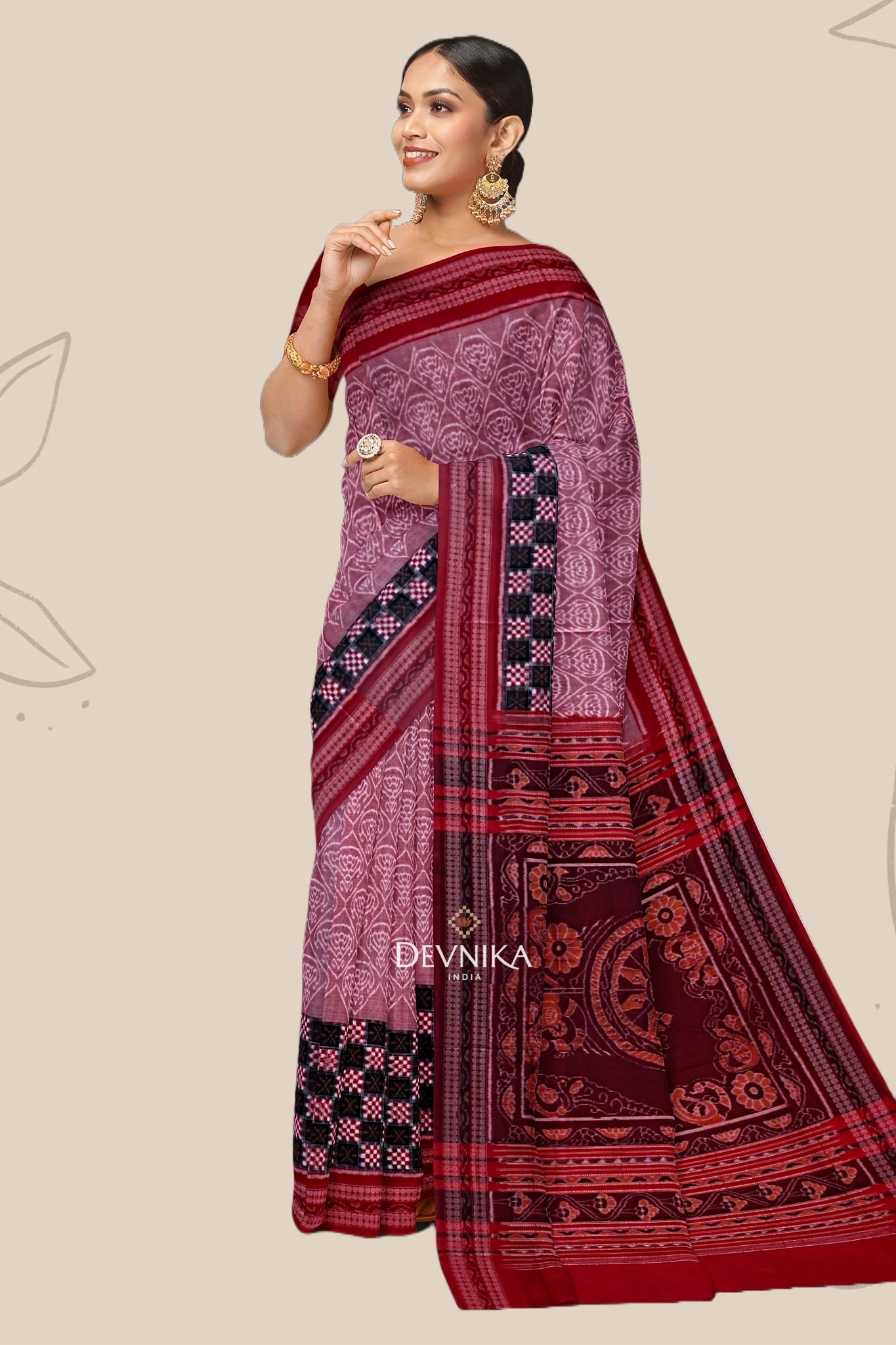 White And Dusty Rose Big Border Bandha Handloom Cotton Saree | Odisha Handloom | Devnika