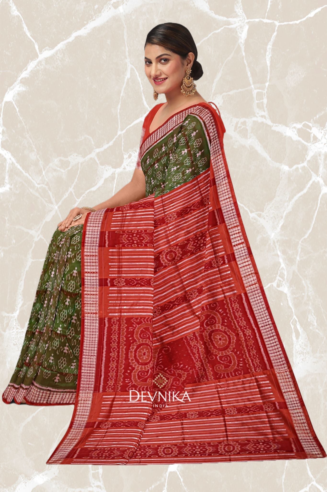 Rust Green Teracota Bandha Silk Saree | Odisha Handloom GI Tagged | Devnika