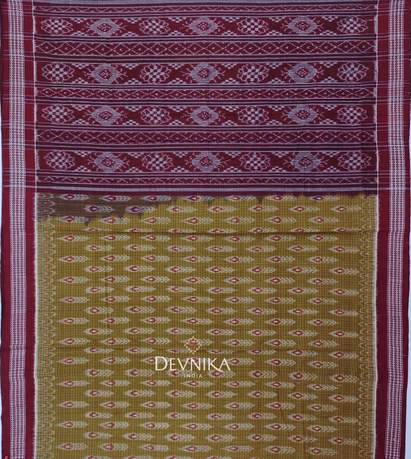 Light Olive Body Bandha Handloom Cotton Saree | Odisha Handloom | Devnika