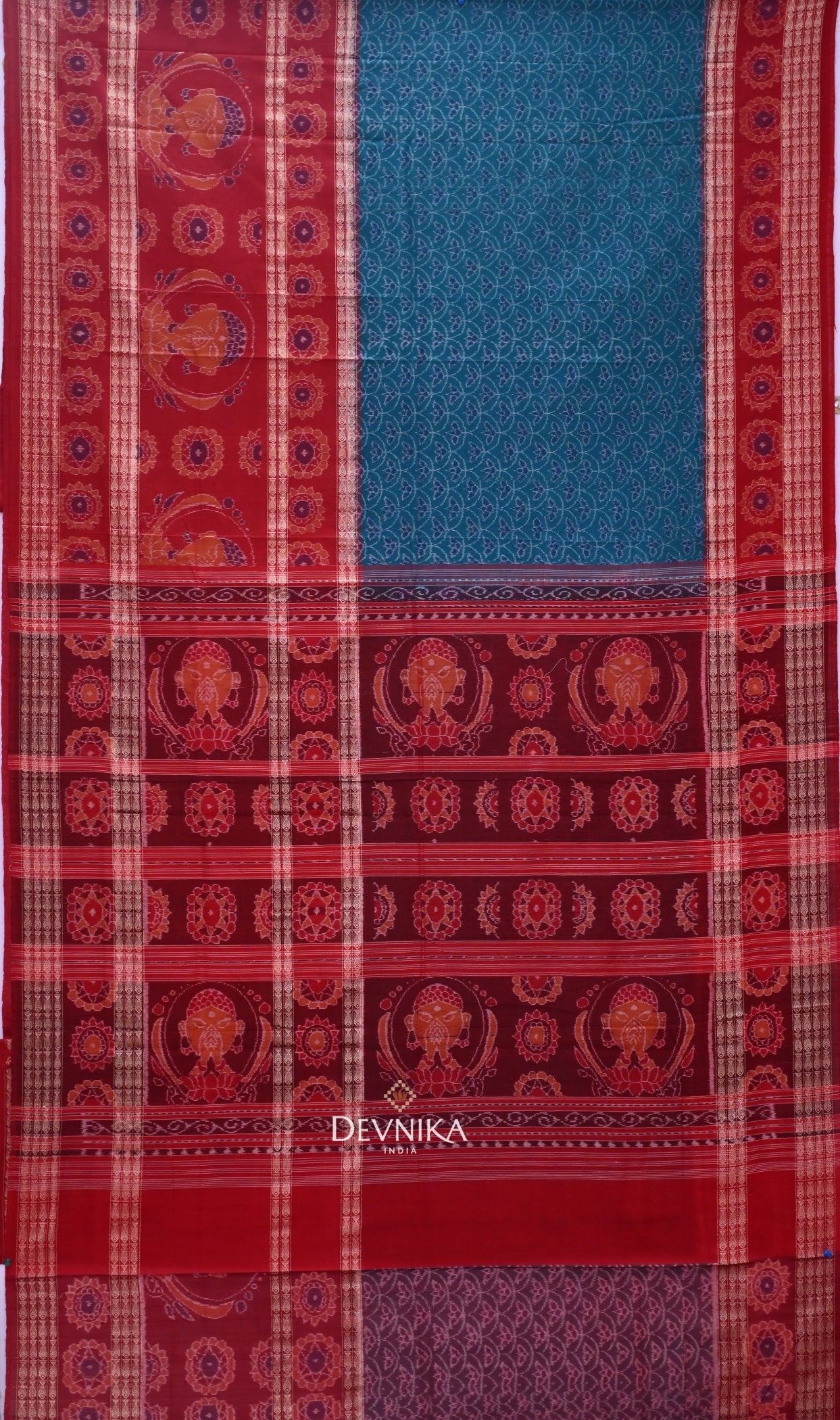 Dark Cyan Namaskar Bandha Handloom Cotton Saree | Odisha Handloom | Devnika