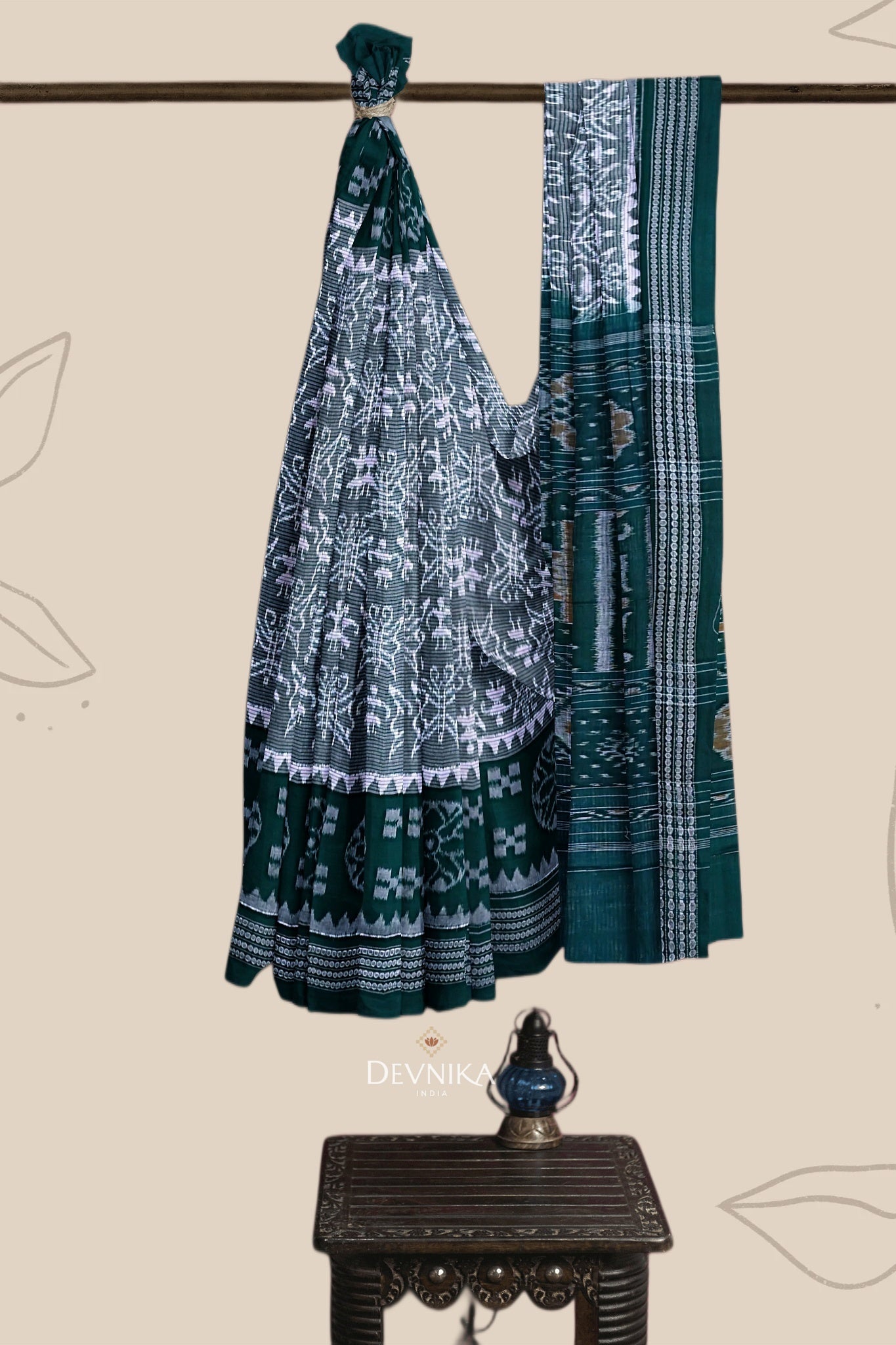 Light Sea Green Body Bandha Handloom Cotton Saree | Odisha Handloom | Devnika