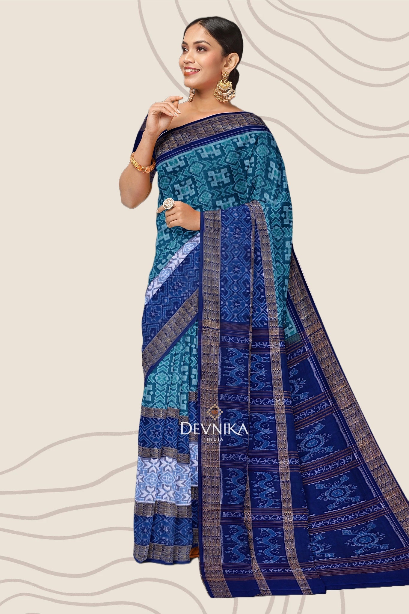 Cyan Double Border Bandha Handloom Cotton Saree | Odisha Handloom | Devnika