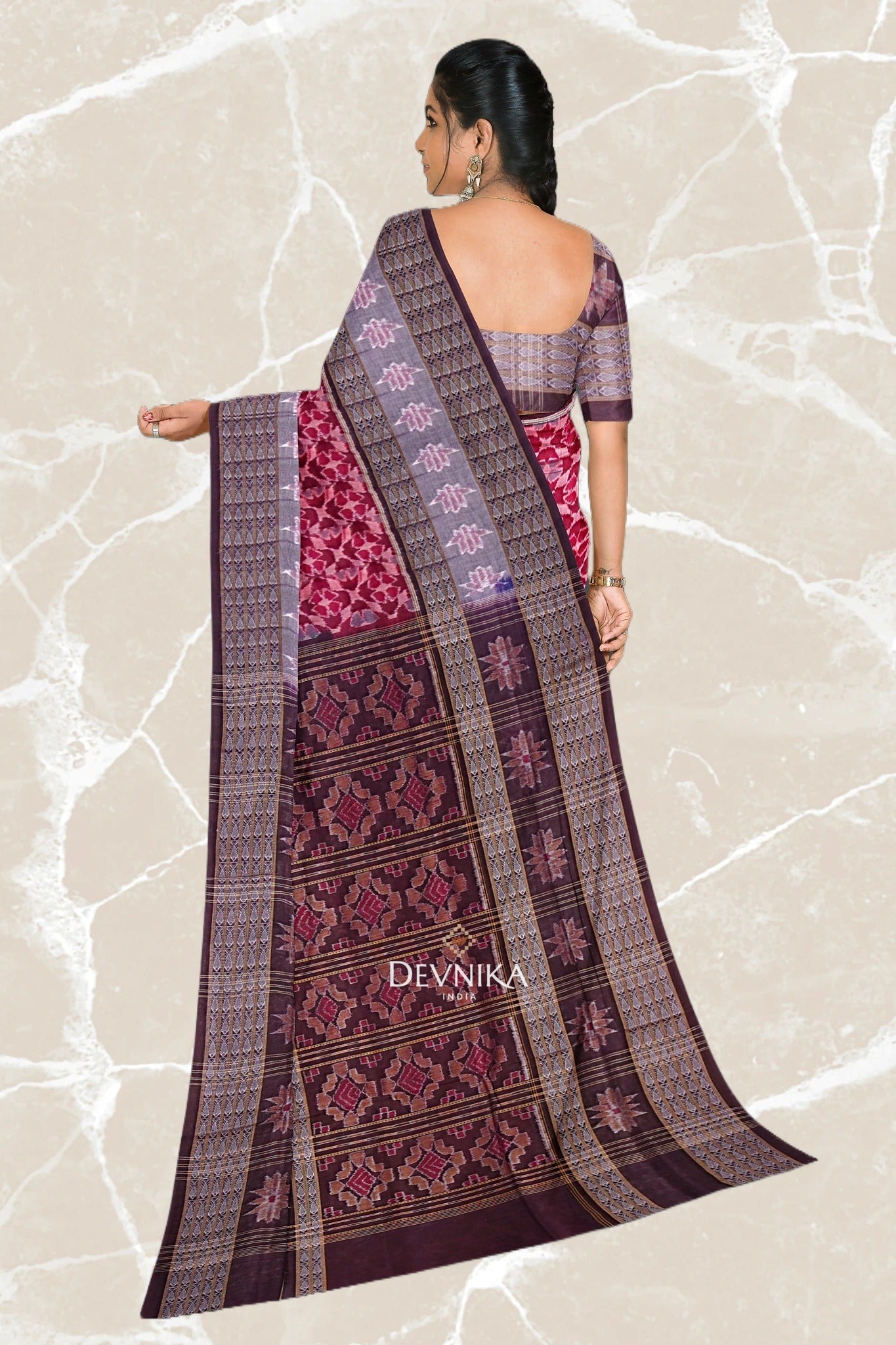 Red And Maroon Fish Bandha Handloom Cotton Saree | Odisha Handloom | Devnika
