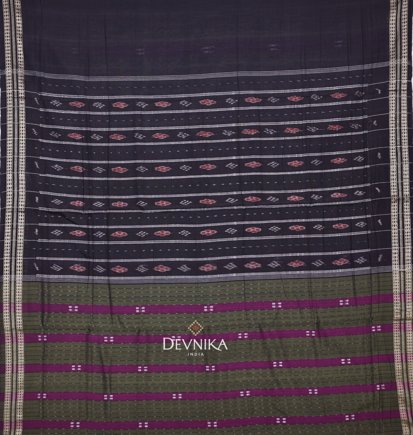 Purple And Dark Olive Bomkai Line Butti Handloom Cotton Saree | Odisha Handloom | Devnika