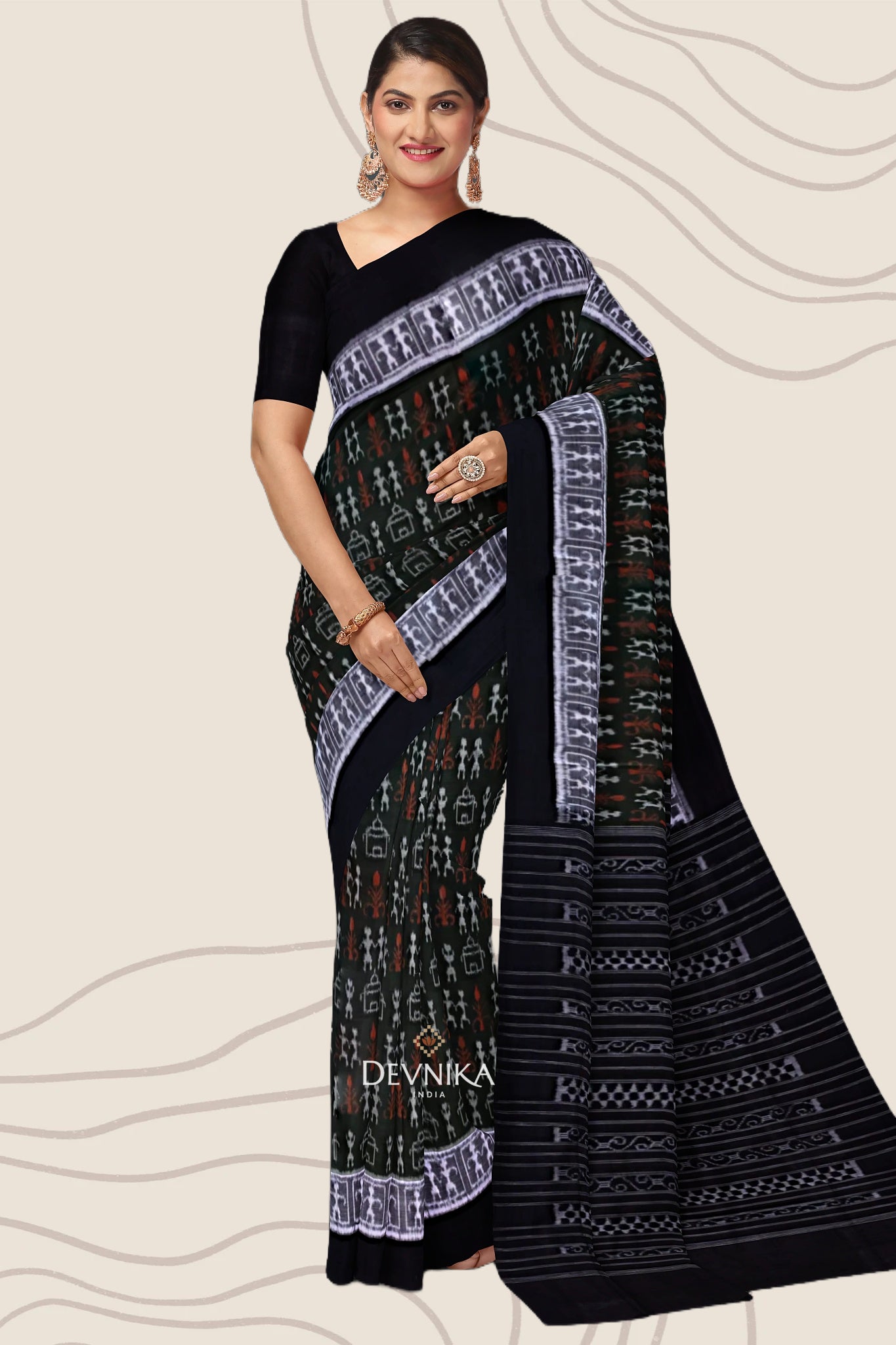 Dark Olive Green Teracota Bandha Handloom Cotton Saree | Odisha Handloom | Devnika