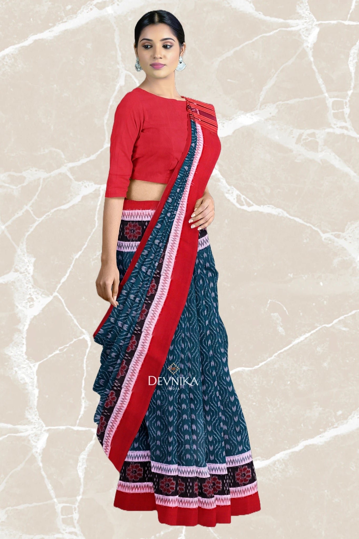 Sea Green Double Border Bandha Handloom Cotton Saree | Odisha Handloom | Devnika