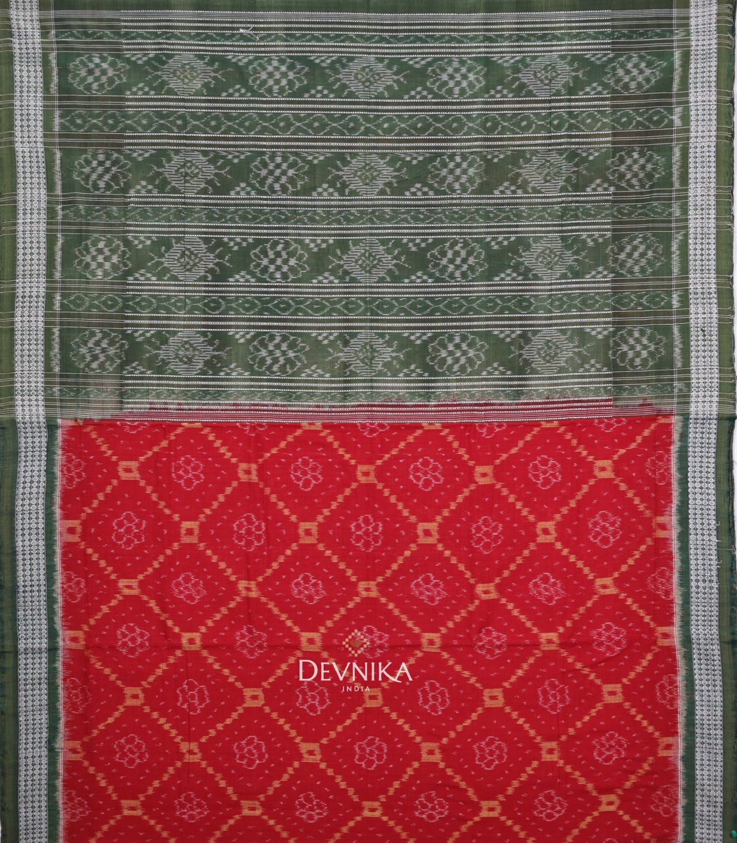 Deep Red Body Bandha Handloom Cotton Saree | Odisha Handloom | Devnika