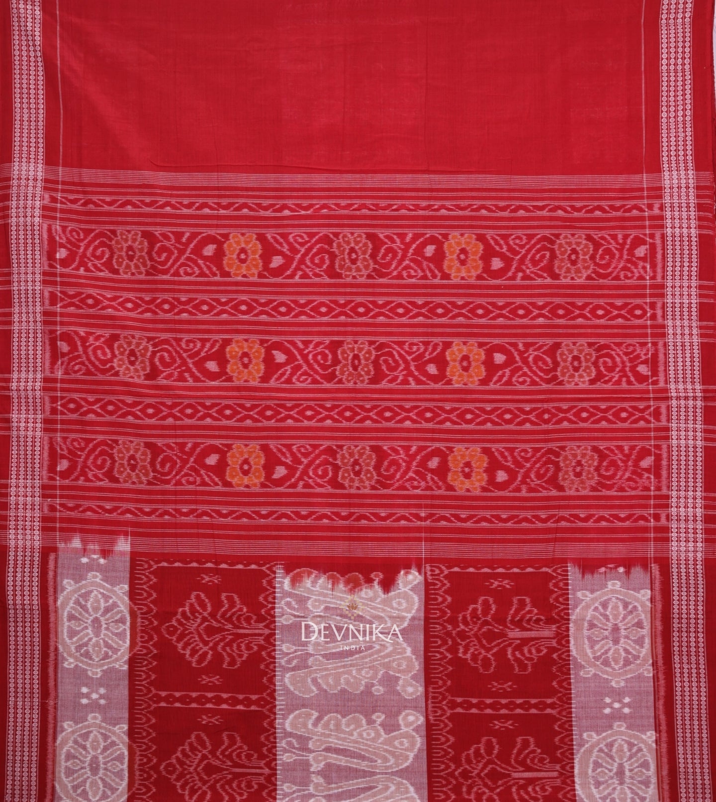 Red And Yellow Body Bandha Handloom Cotton Saree | Odisha Handloom | Devnika