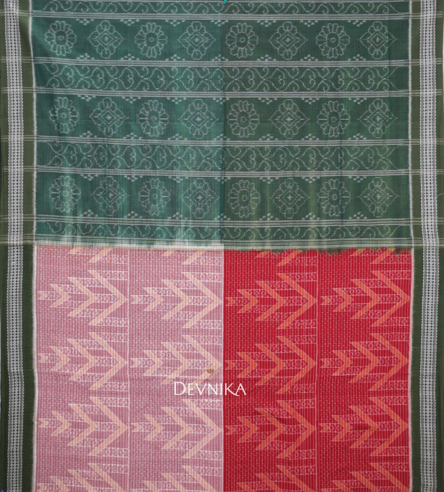 Red And White With Olive Green Body Bandha Handloom Cotton Saree | Odisha Handloom | Devnika