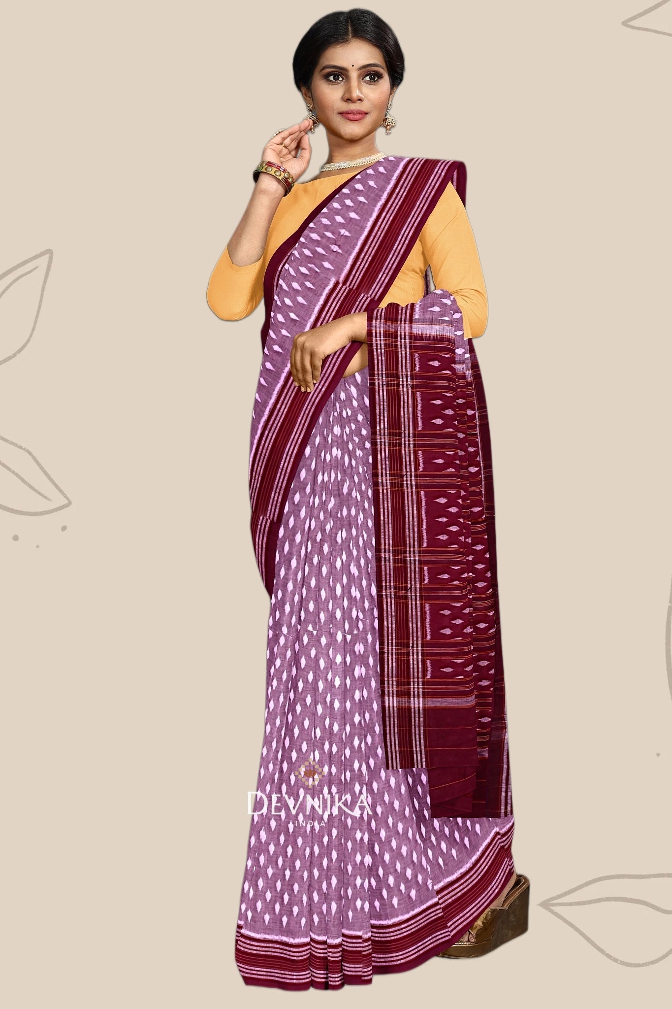 Steel Maroon Body Bandha Handloom Cotton Saree | Odisha Handloom | Devnika