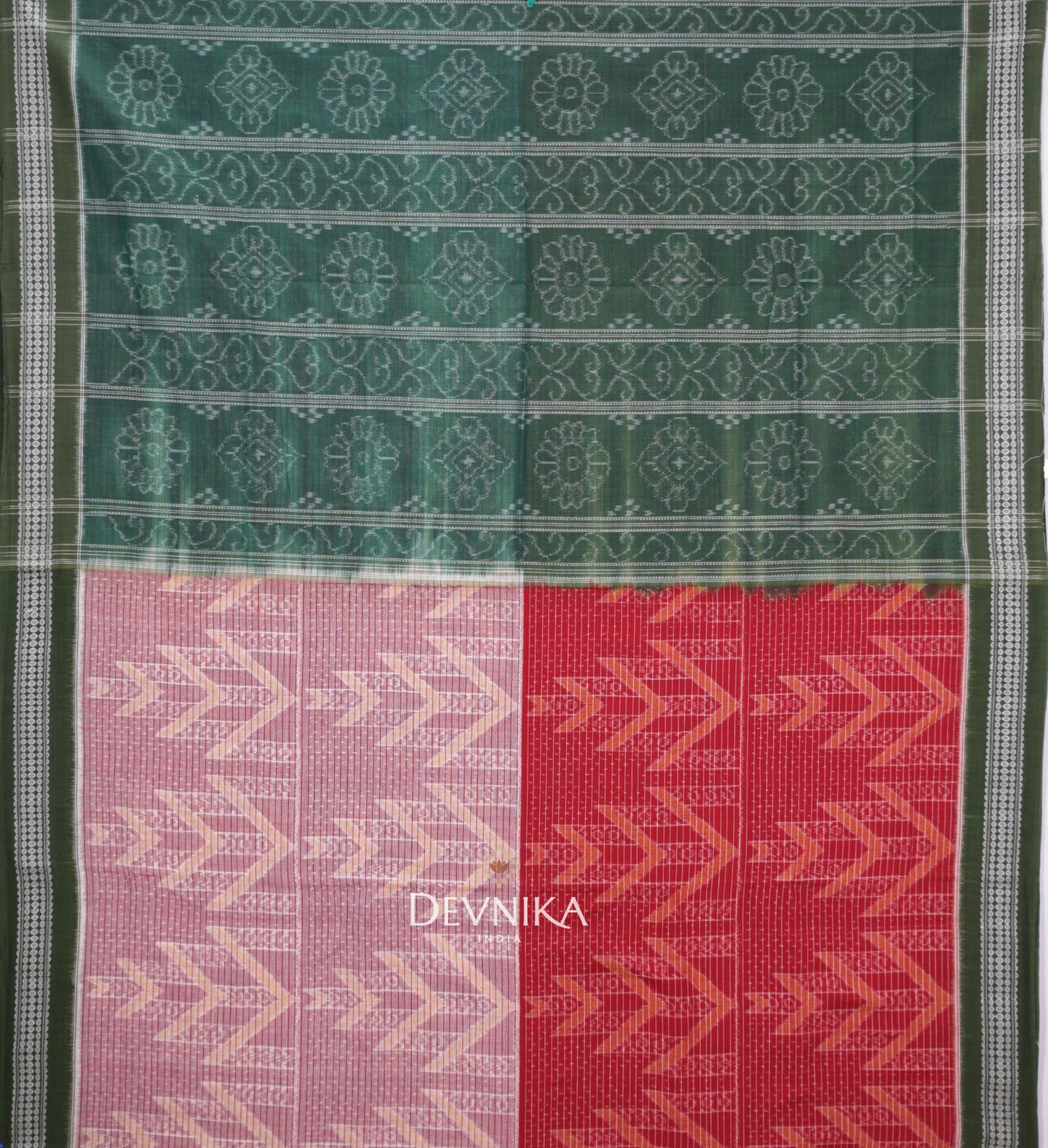 Red And White With Olive Green Body Bandha Handloom Cotton Saree | Odisha Handloom | Devnika