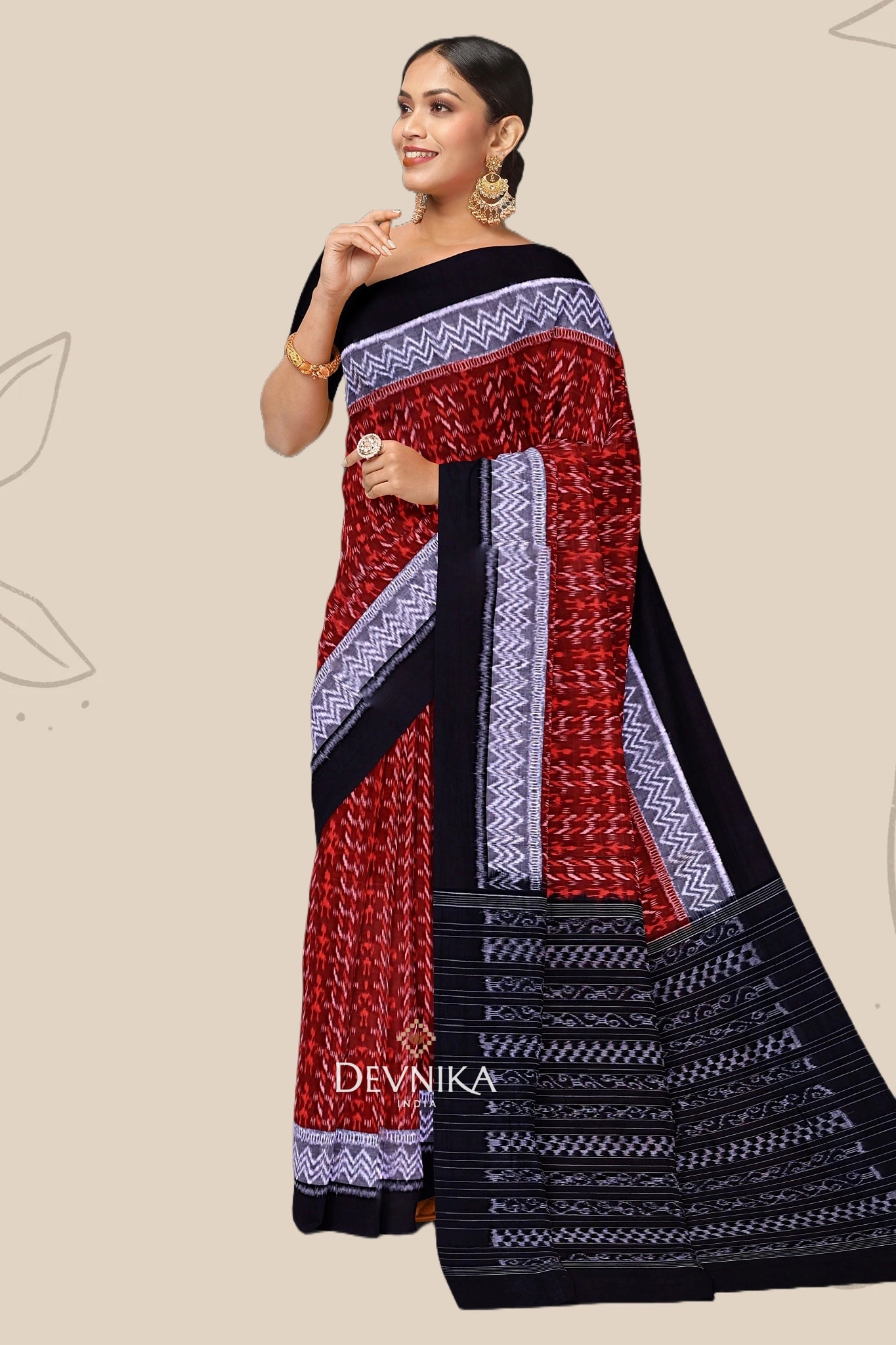 Brown Double Border Bandha Handloom Cotton Saree | Odisha Handloom | Devnika