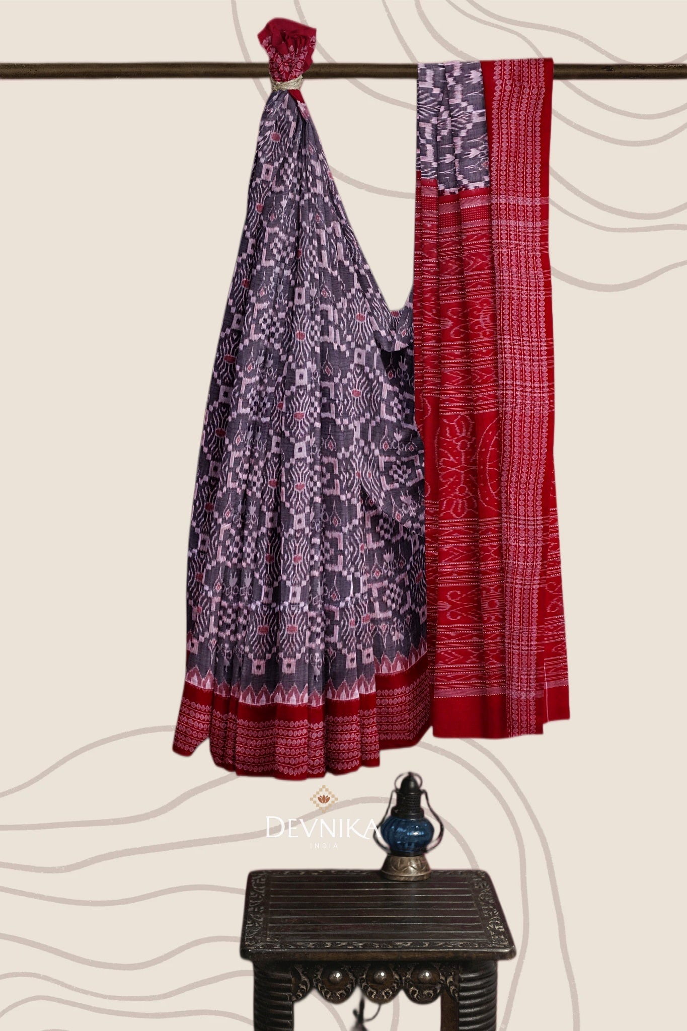Red And White Body Bandha Handloom Cotton Saree | Odisha Handloom | Devnika